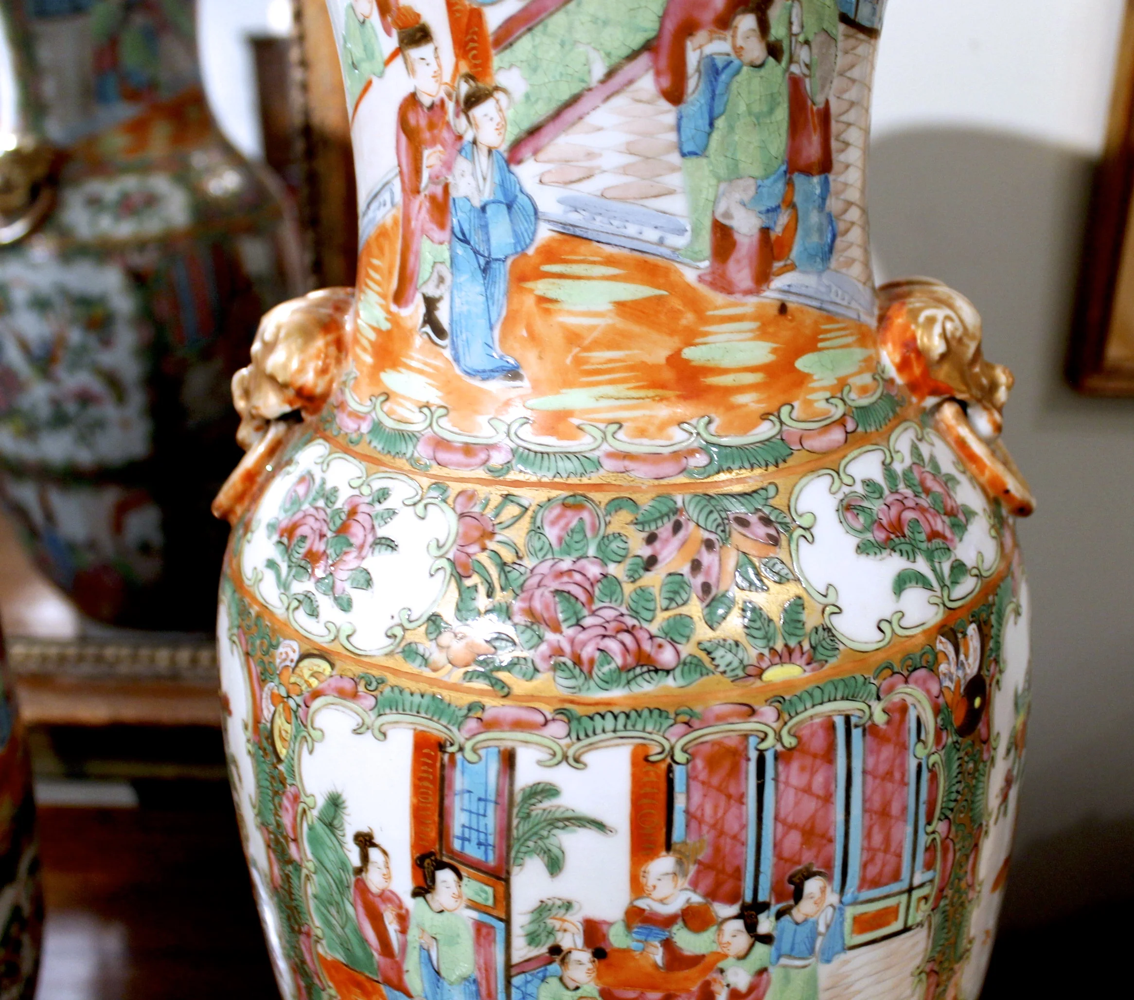 Pair of Large Chinese Export Rose Medallion Vases with Lion Head Handles