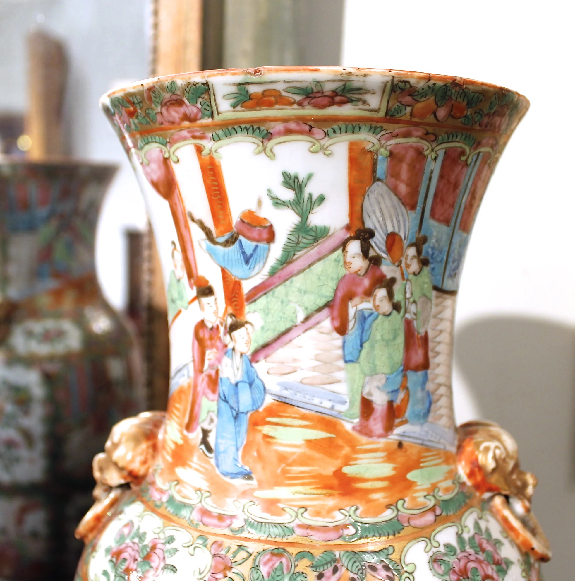 Pair of Large Chinese Export Rose Medallion Vases with Lion Head Handles