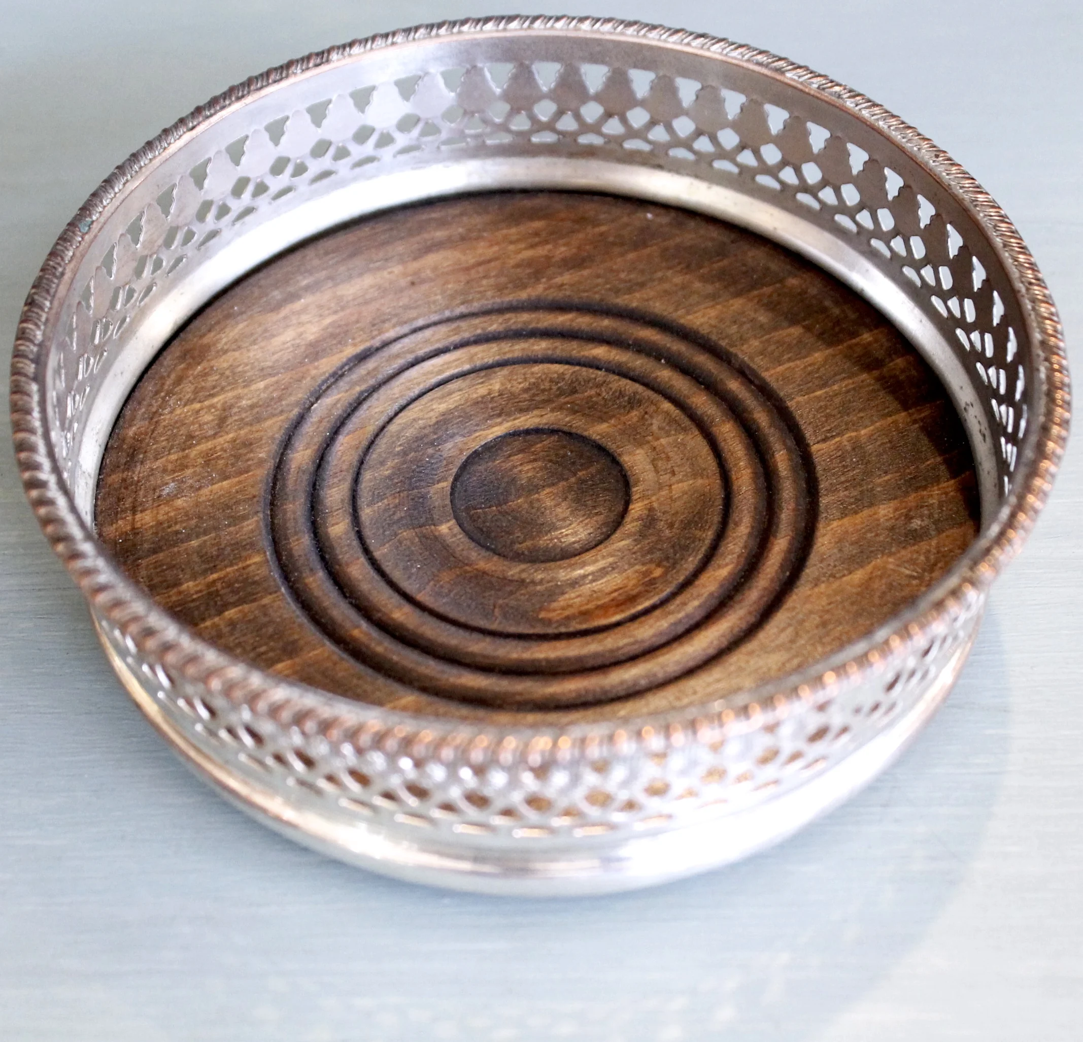 English Silver on Copper Galleried Wine Coaster