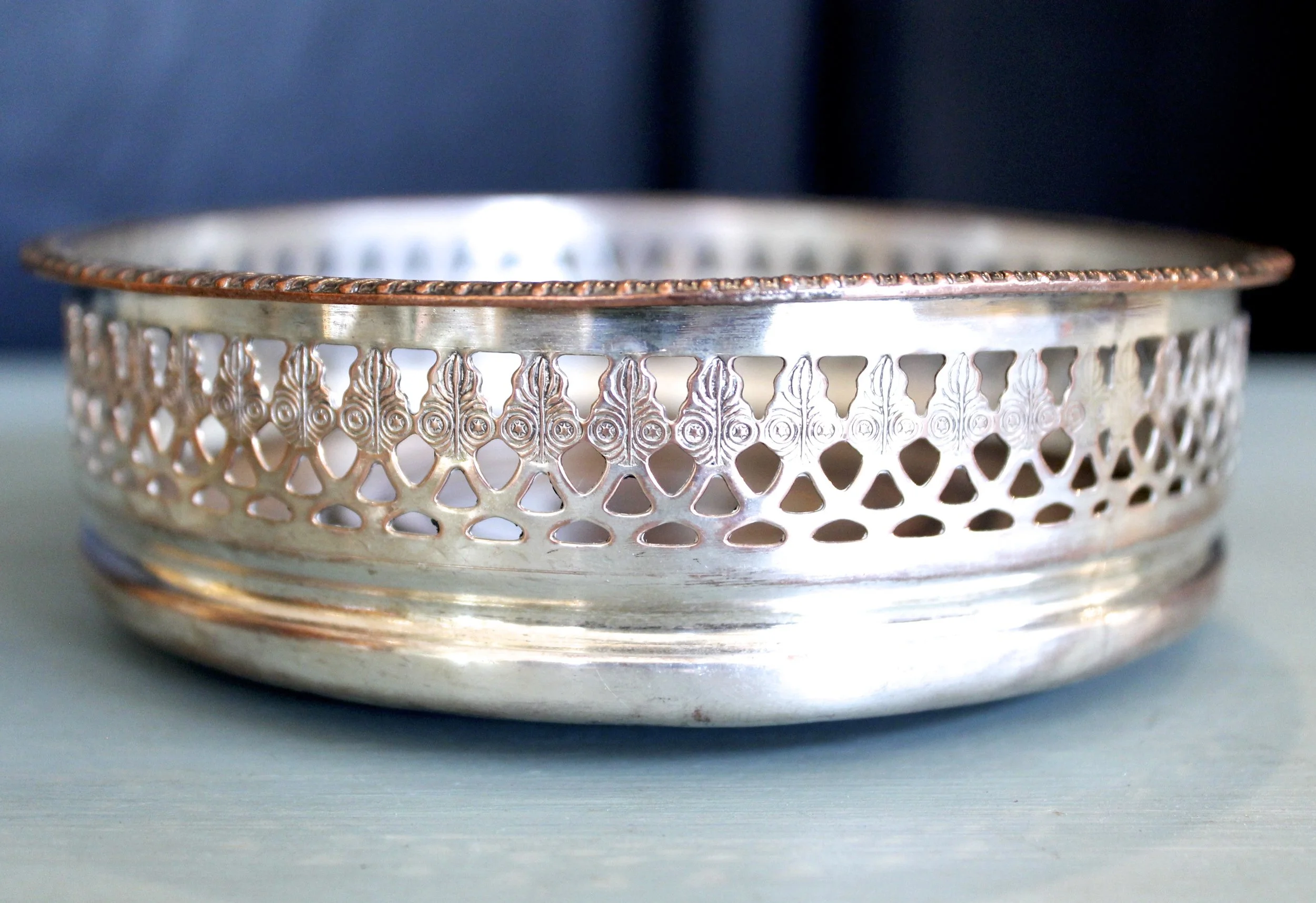 English Silver on Copper Galleried Wine Coaster