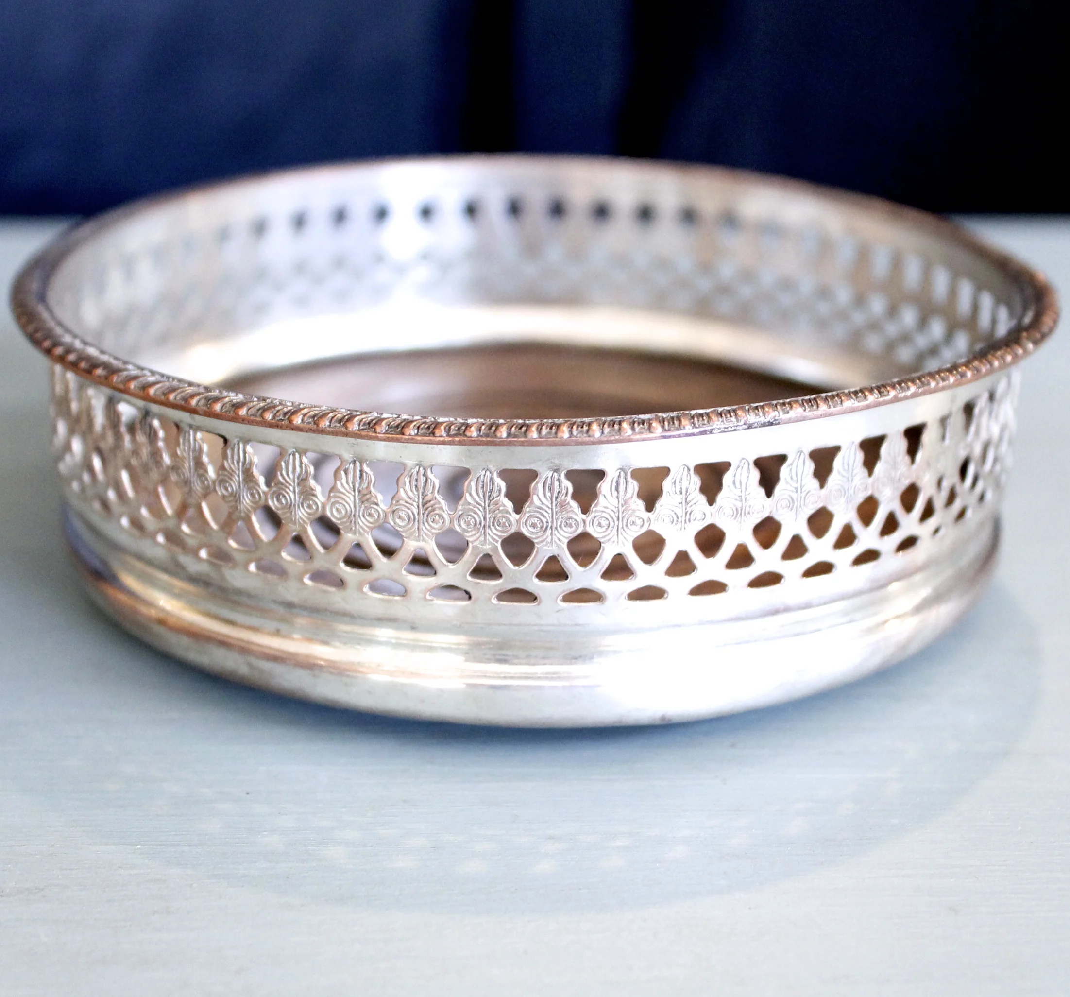 English Silver on Copper Galleried Wine Coaster