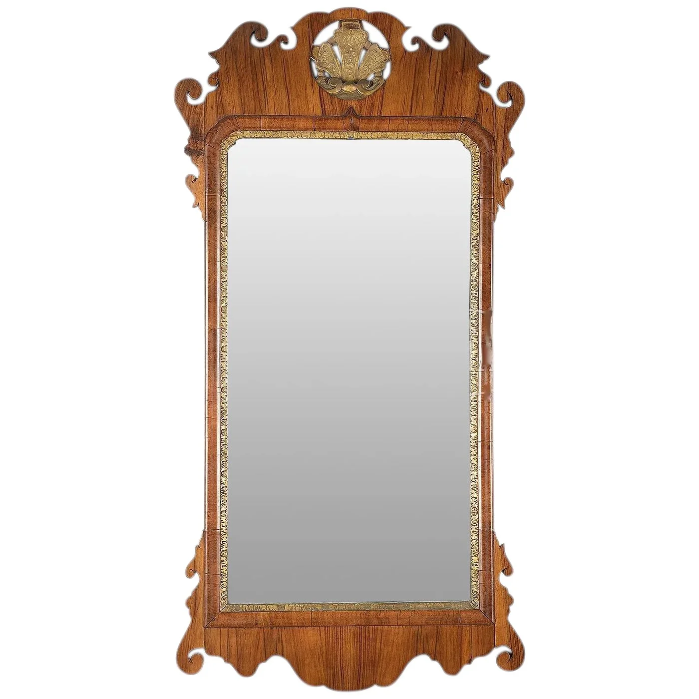 George II Walnut and Parcel Gilt Mirror with an Open Gesso Carved and Gilt Shell