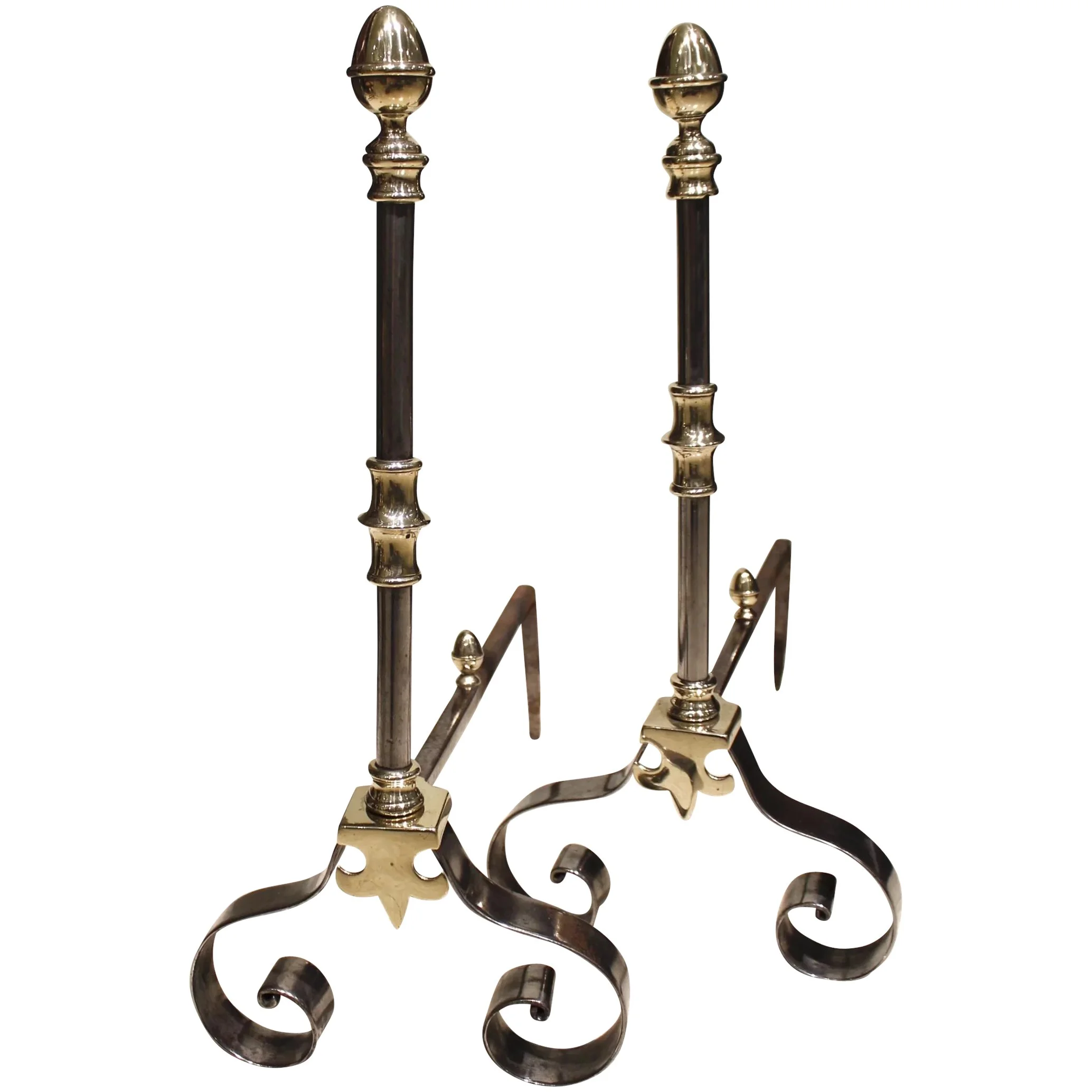 Fine Pair of French Polished Steel and Brass Andirons