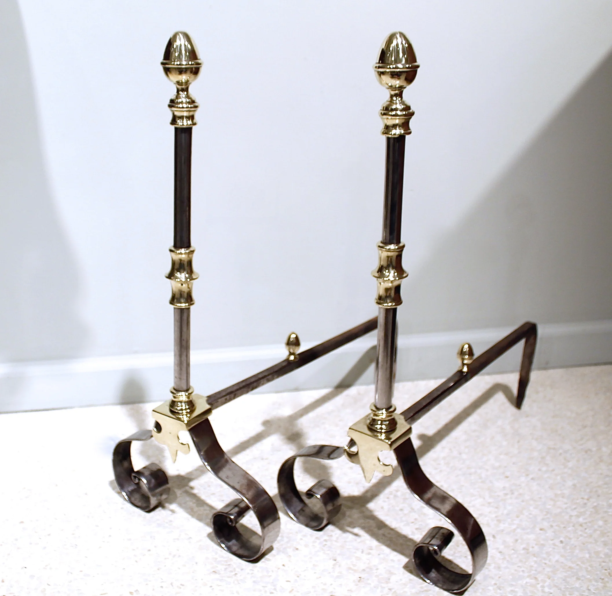 Pair of French Polished Steel and Brass Andirons