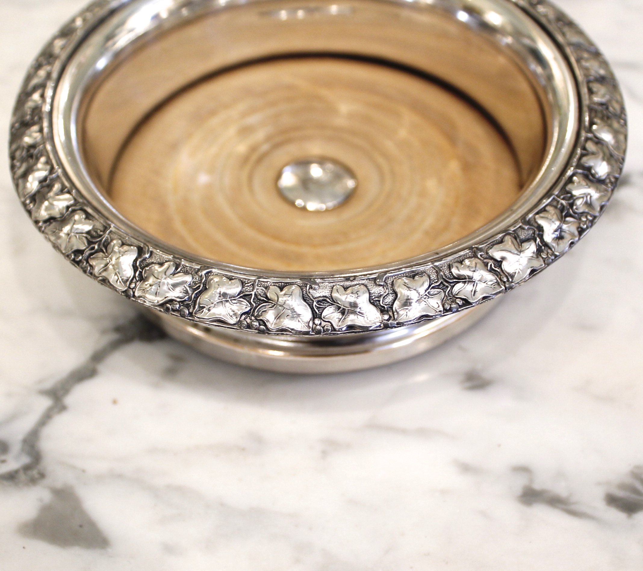 English Silver on Copper Wine Coasters with Ivy Leaf Relief Rims