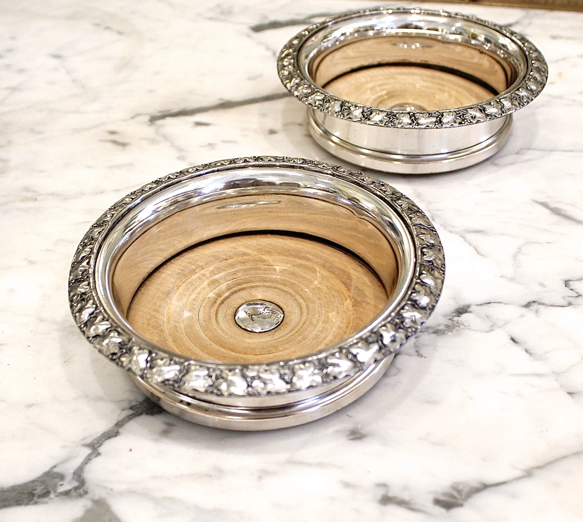 English Silver on Copper Wine Coasters with Ivy Leaf Relief Rims