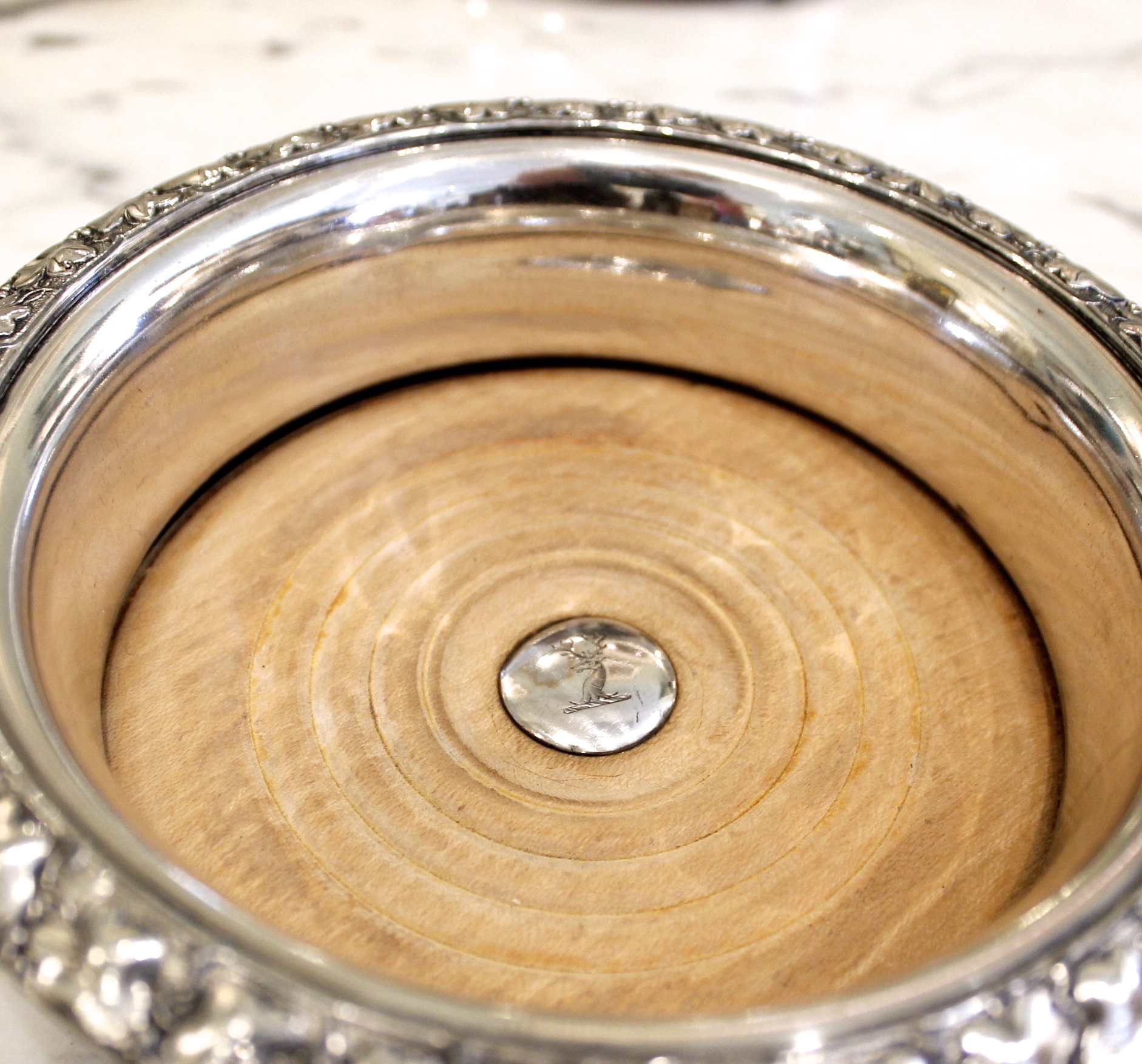 English Silver on Copper Wine Coasters with Ivy Leaf Relief Rims