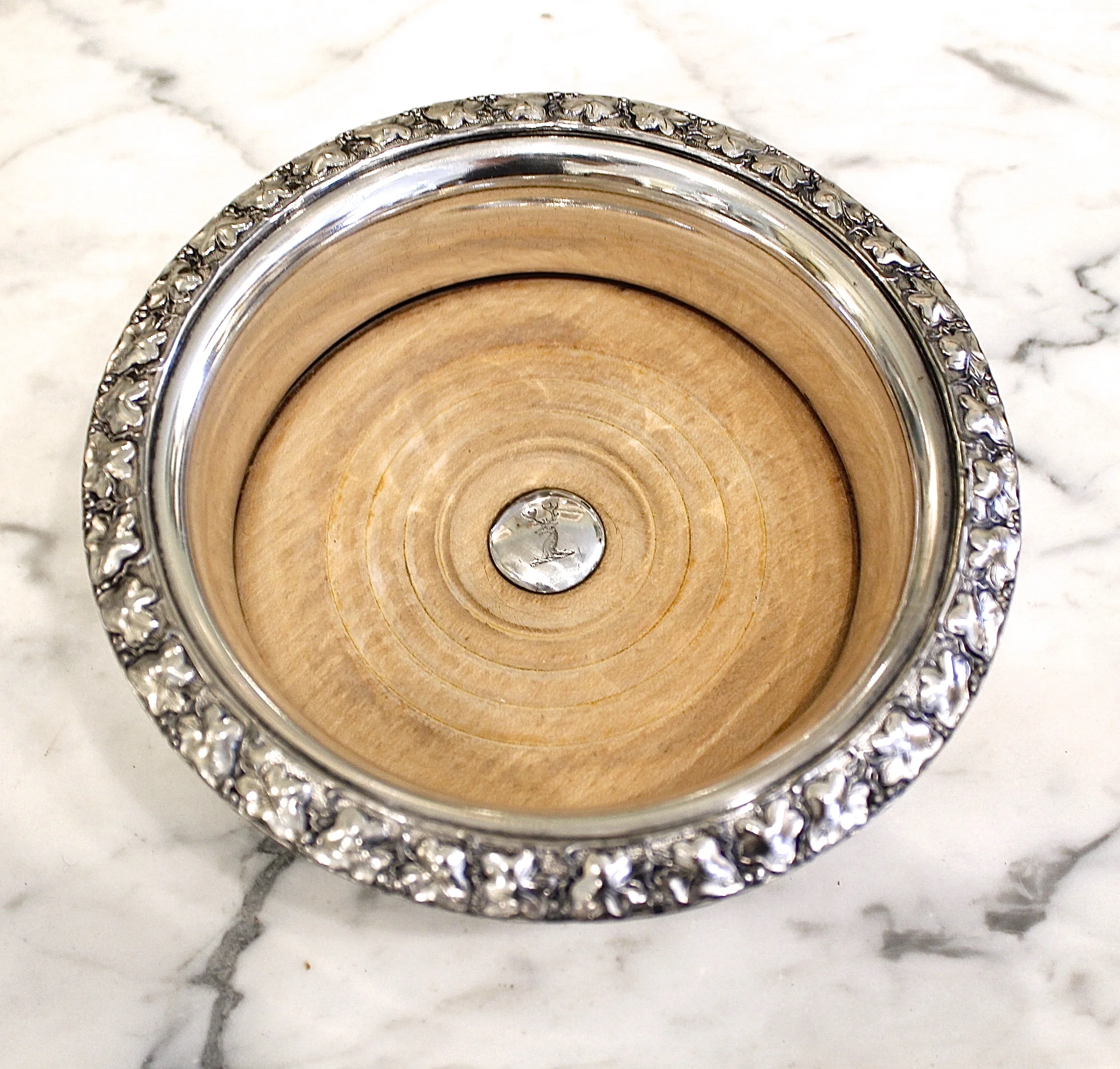 English Silver on Copper Wine Coasters with Ivy Leaf Relief Rims