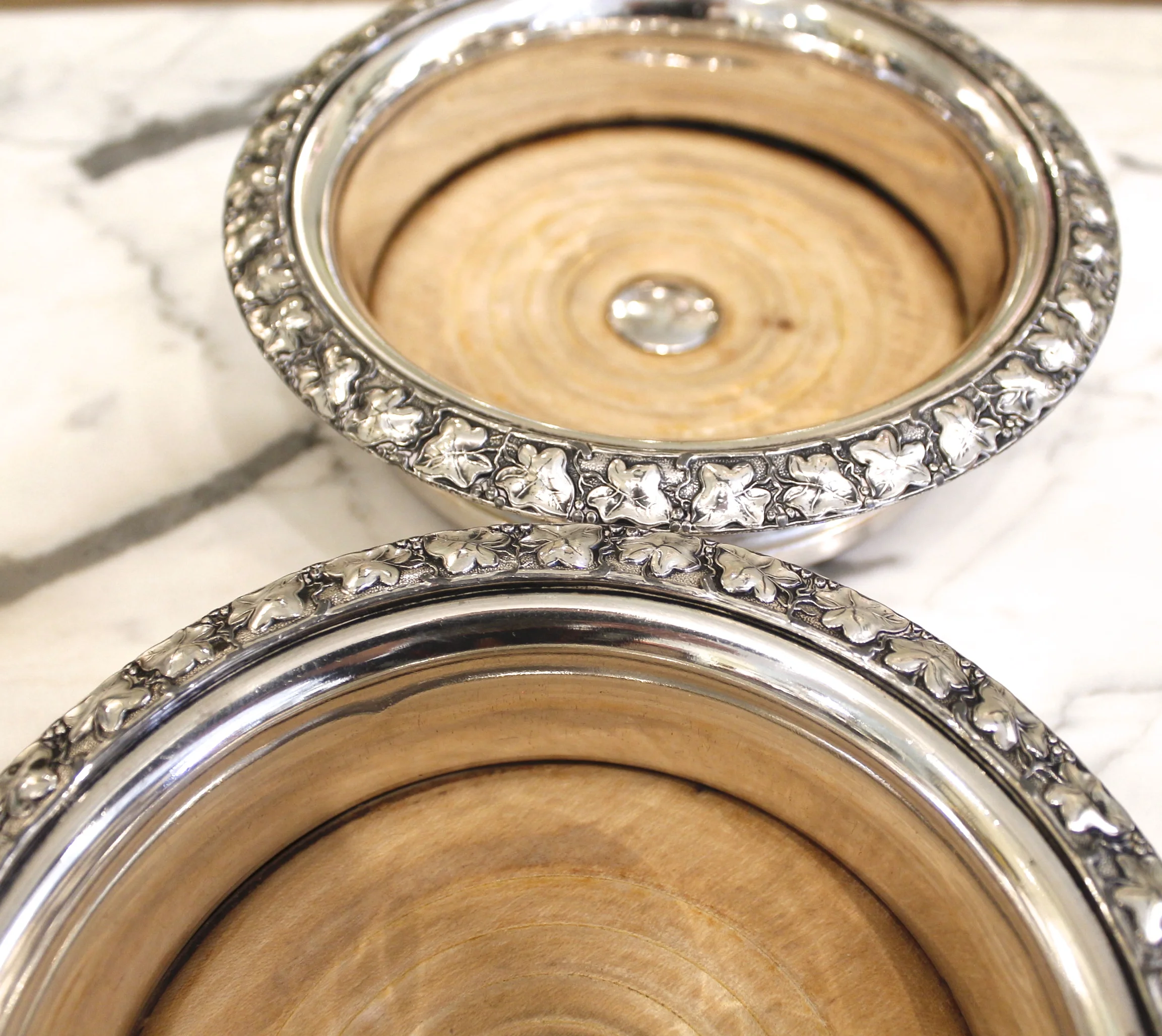 English Silver on Copper Wine Coasters with Ivy Leaf Relief Rims