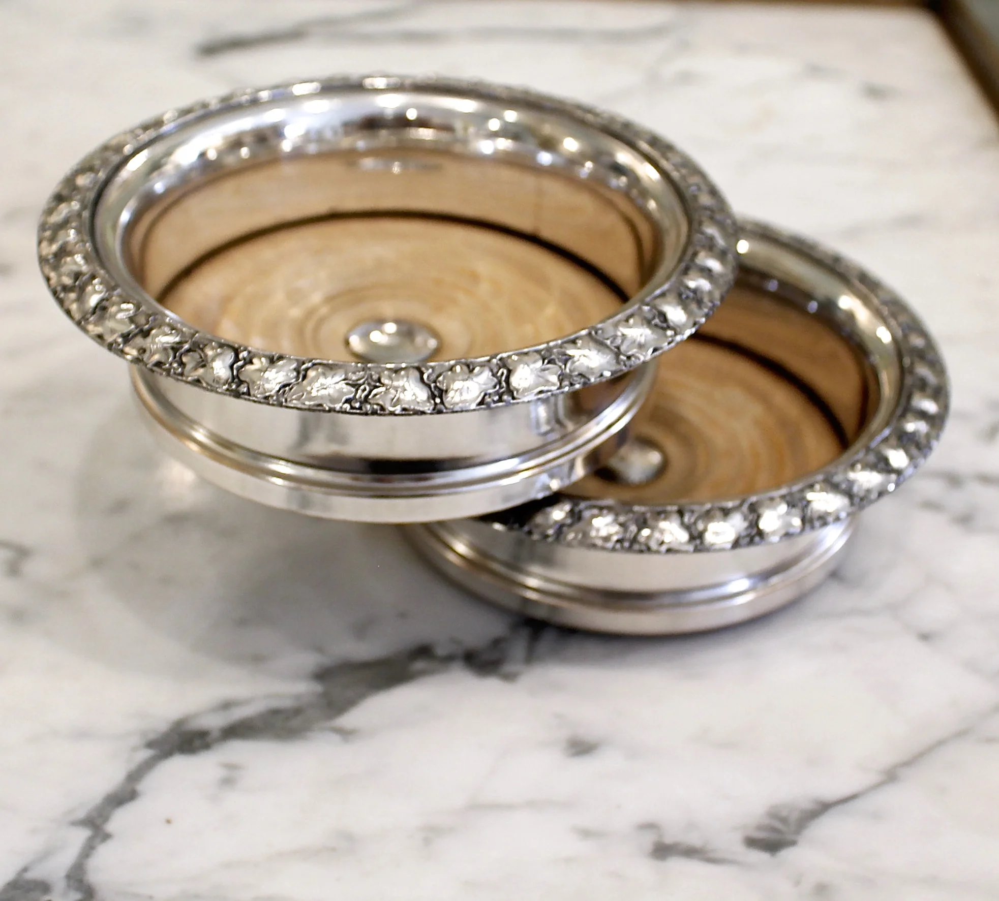 English Silver on Copper Wine Coasters with Ivy Leaf Relief Rims