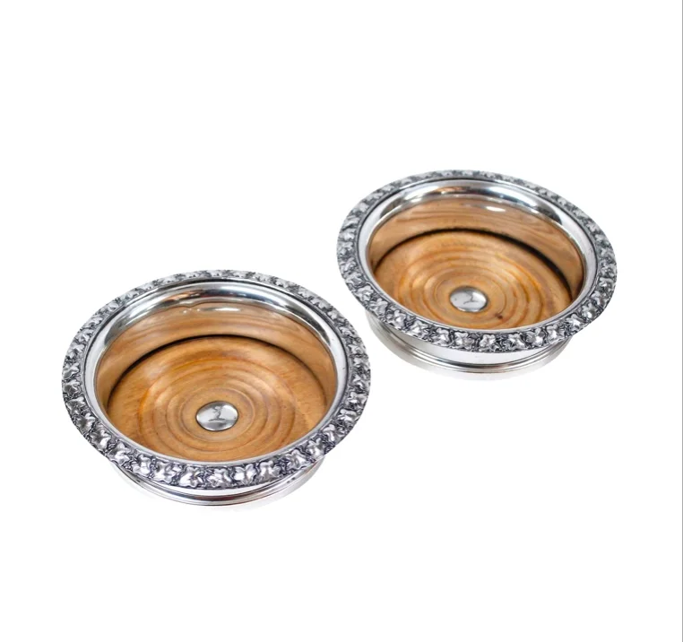 Fine Pair of English Silver on Copper Wine Coasters with Ivy Leaf Relief Rims