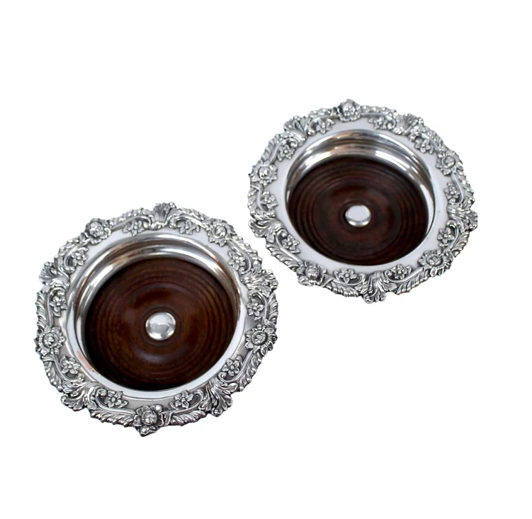 Large English Rococo Wine Coasters, Sterling Mounts