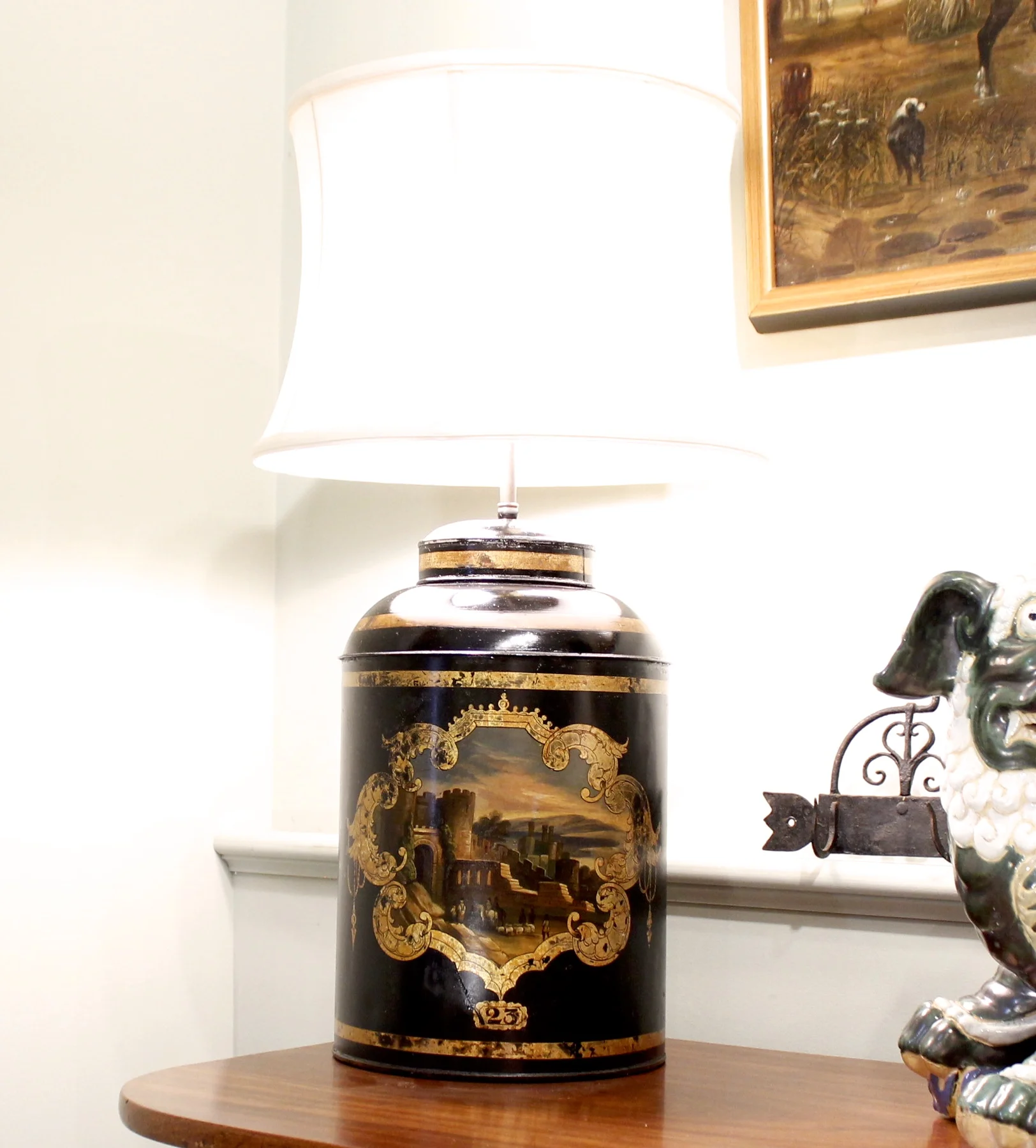 Tôle Tea Cannister Lamp with Gilding and Castle Scene