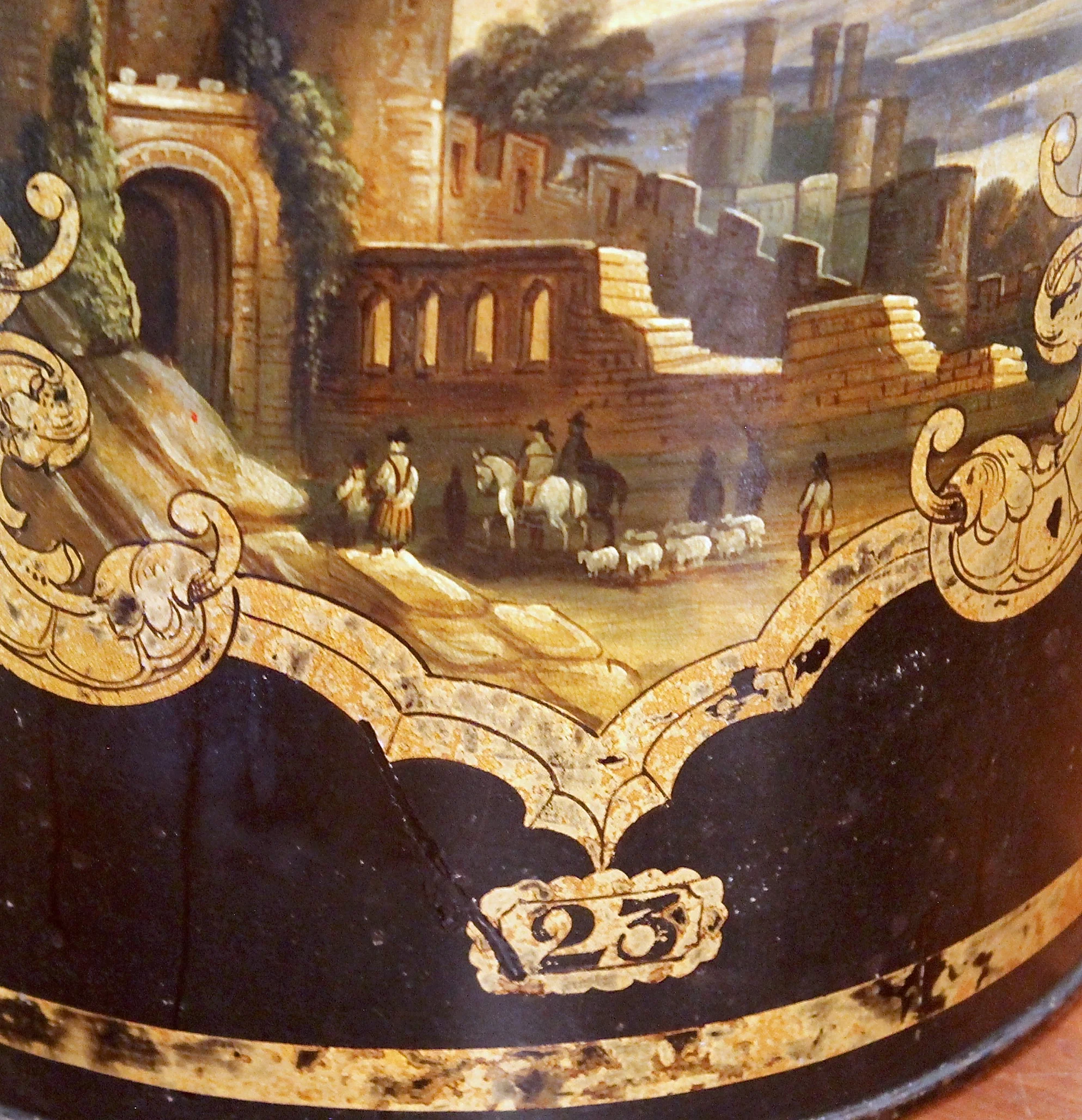 Tôle Tea Cannister Lamp with Gilding and Castle Scene