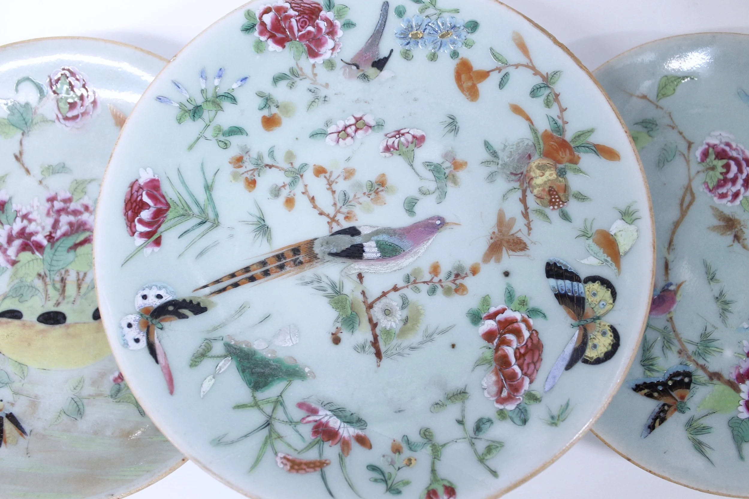 Chinese Export Rose Canton Celadon Plates