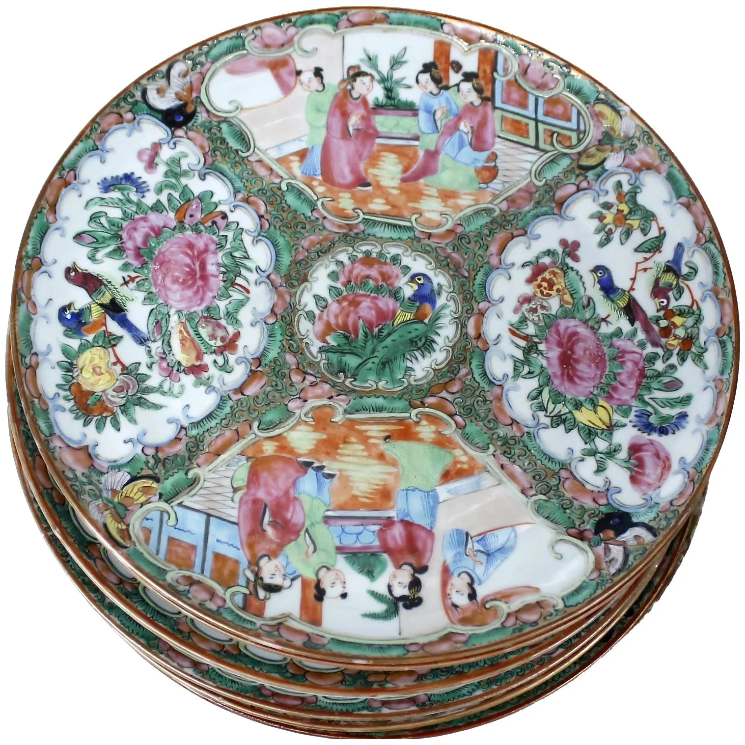 Six Fine Matched Rose Medallion Porcelain Dinner Plates