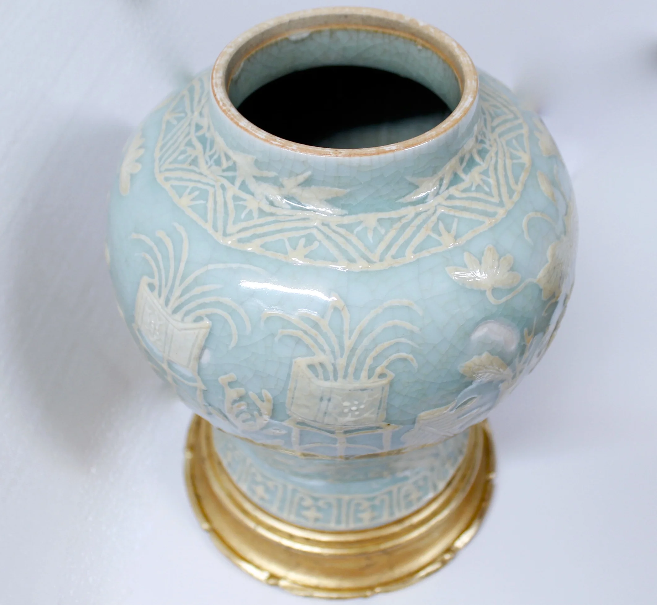 Pair of Chinese Celadon Porcelain Pâte sur Pâte Ginger Jars on Stands