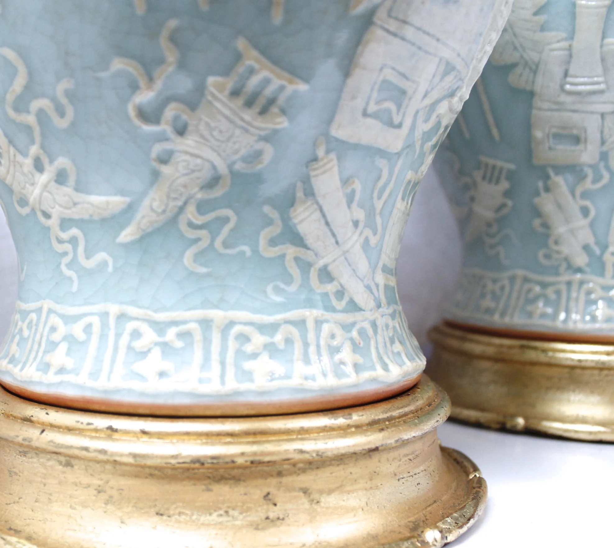 Pair of Chinese Celadon Porcelain Pâte sur Pâte Ginger Jars on Stands