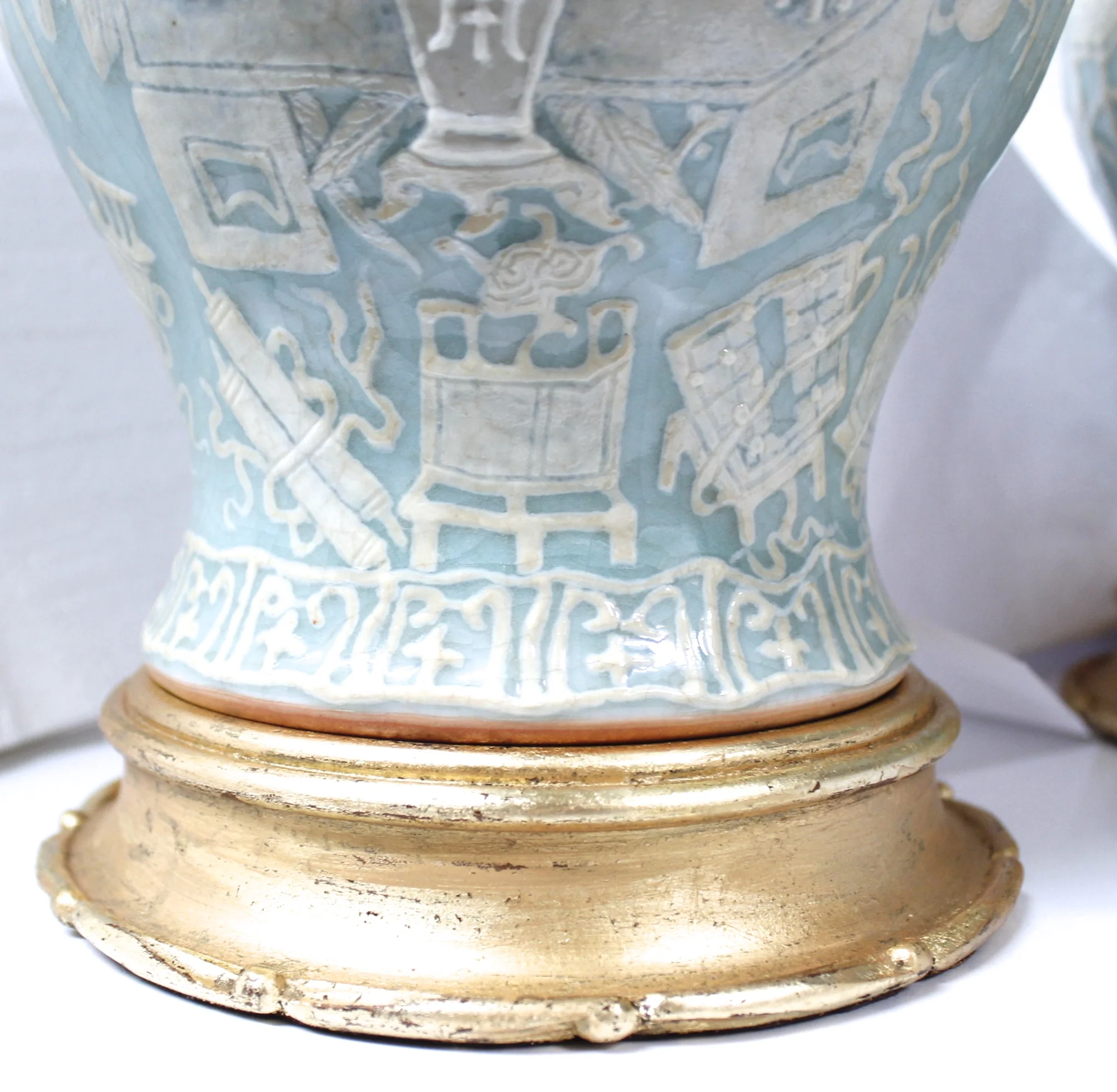 Pair of Chinese Celadon Porcelain Pâte sur Pâte Ginger Jars on Stands