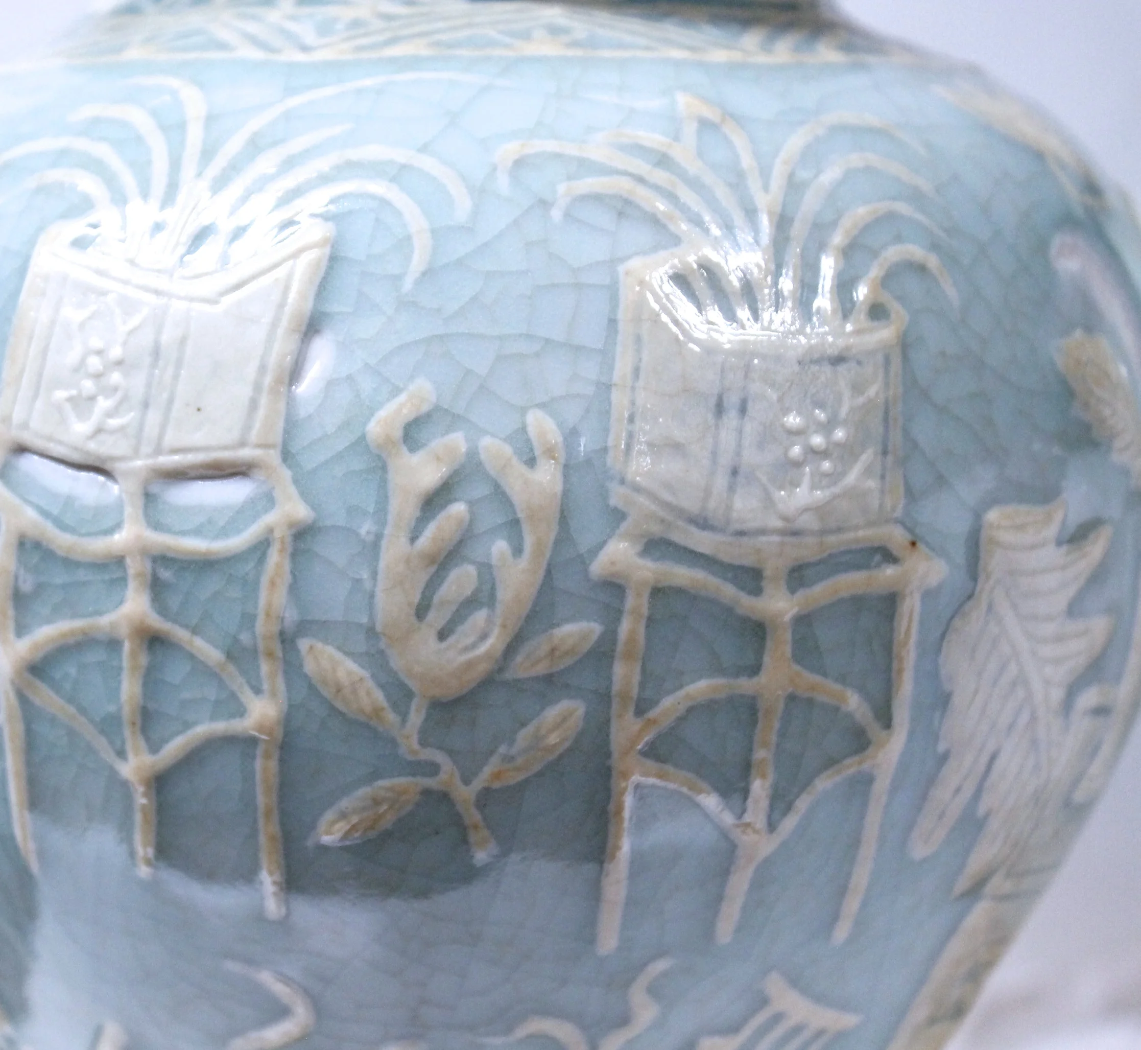 Pair of Chinese Celadon Porcelain Pâte sur Pâte Ginger Jars on Stands