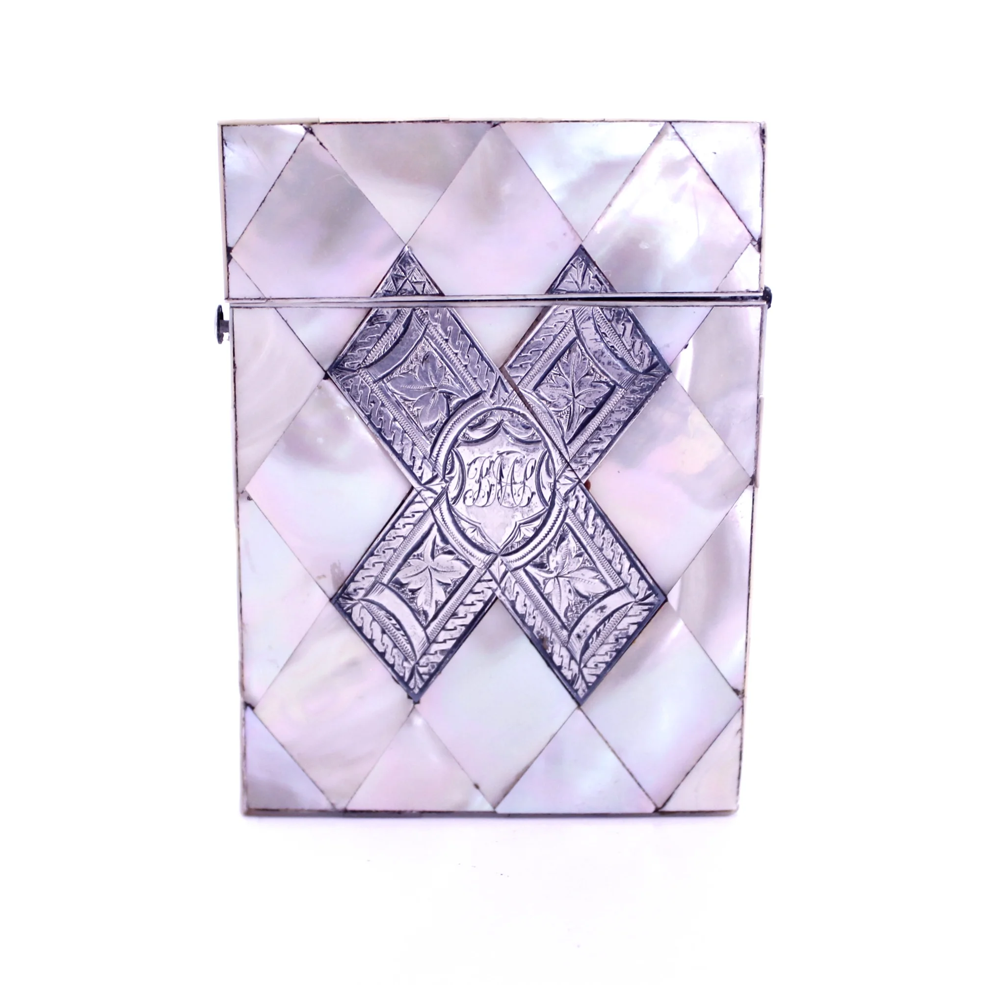 Large Mother of Pearl Marquetry Card Case with Engraved Silver X Form Inset