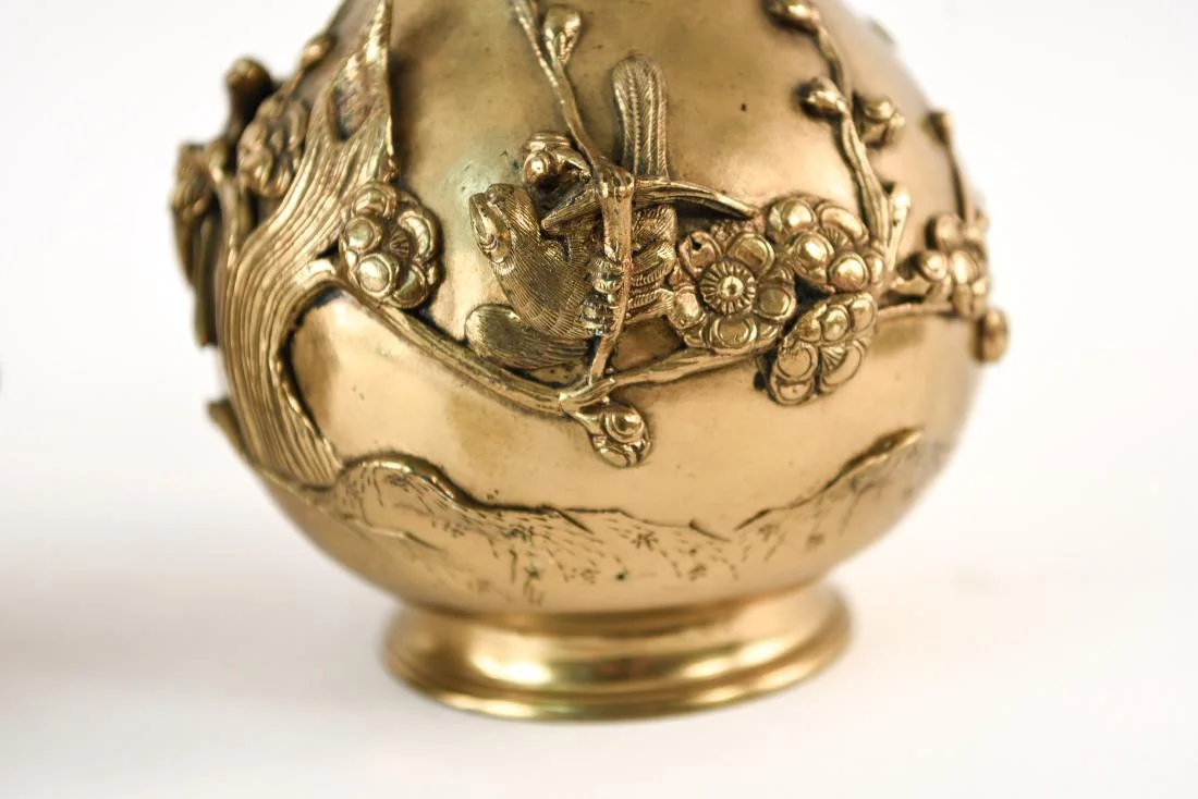 Pair Of Japanese Bronze Bottle Vases With Dragons