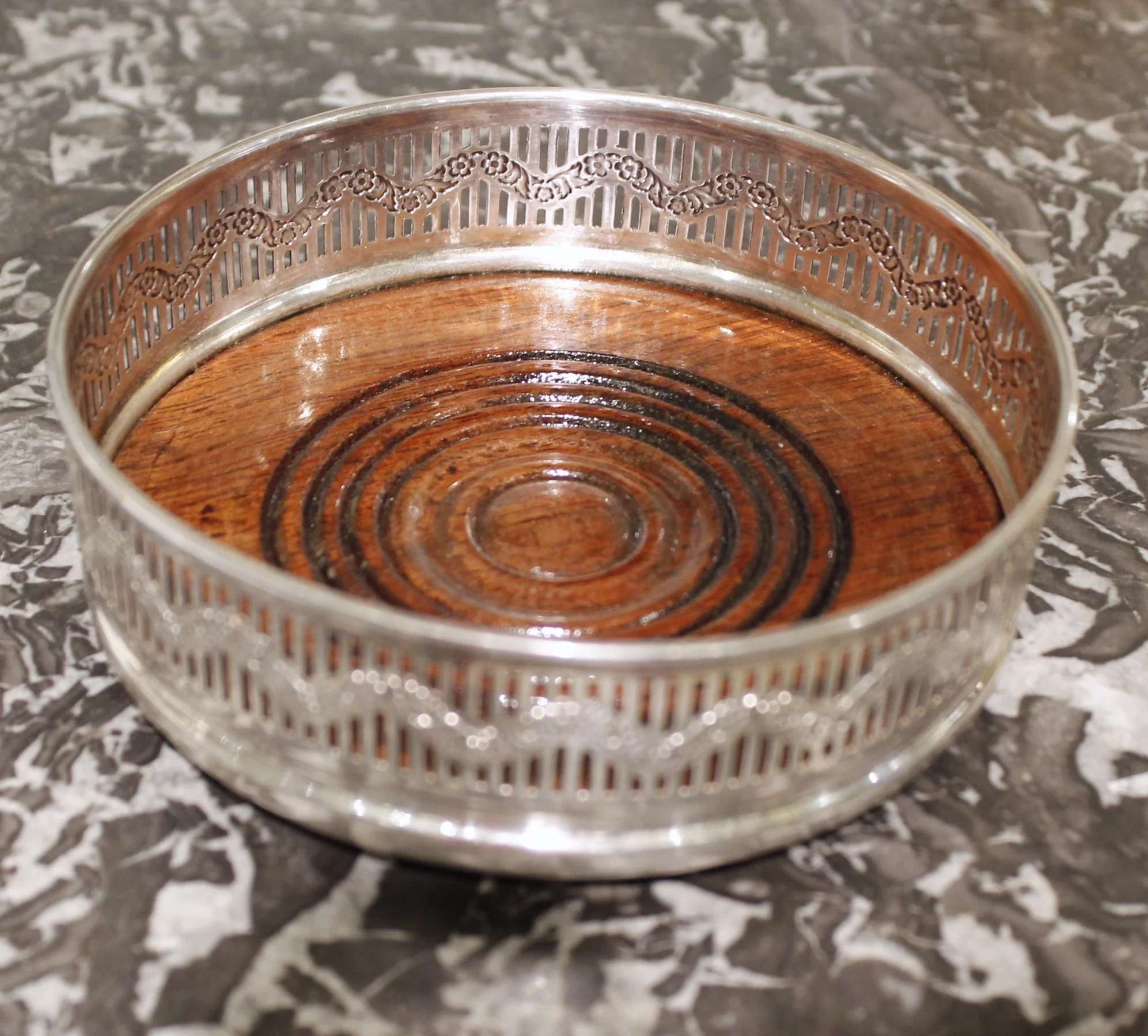 English Silver on Copper Galleried Wine Coaster