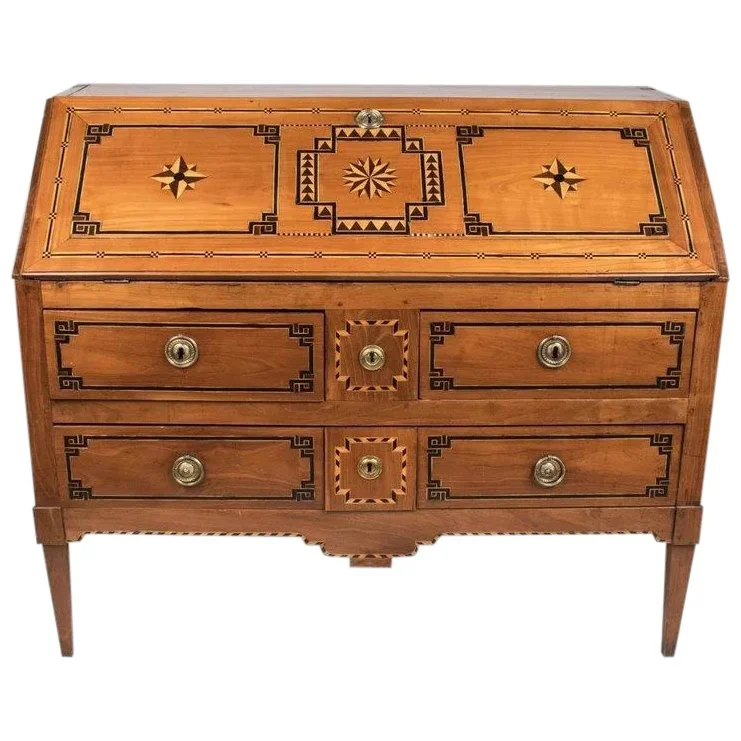 Italian Neoclassical Fruitwood Marquetry Inlaid Slant Front Desk