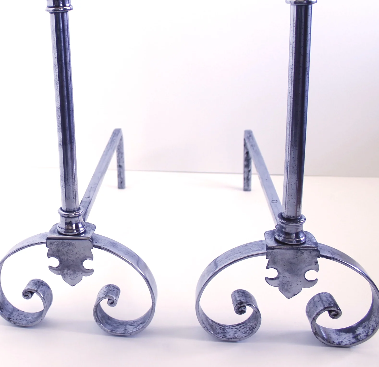 Pair of French Polished Steel and Brass Andirons