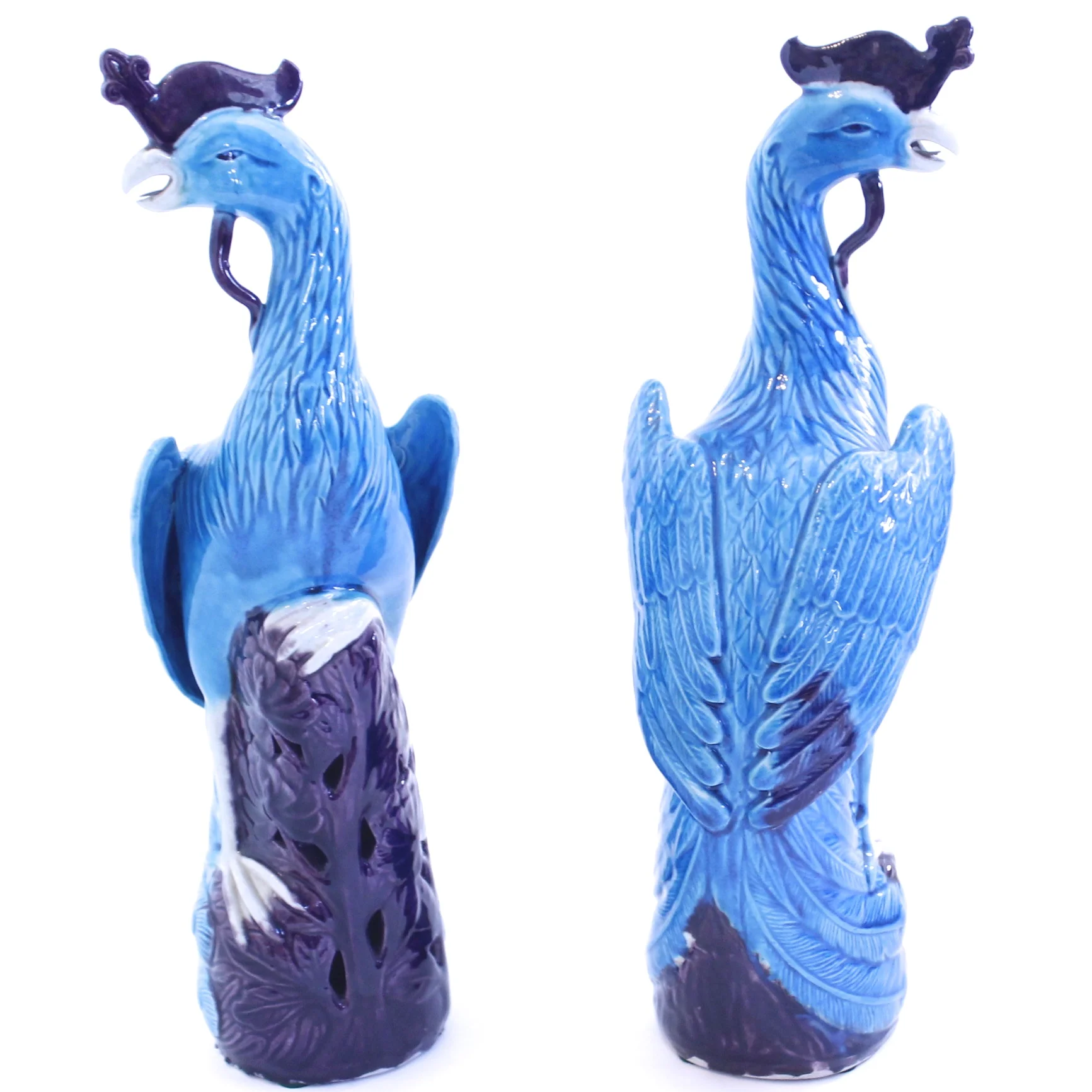 Pair of Turquoise and Manganese Glazed Chinese Porcelain Ho-Ho Birds or Phoenixes