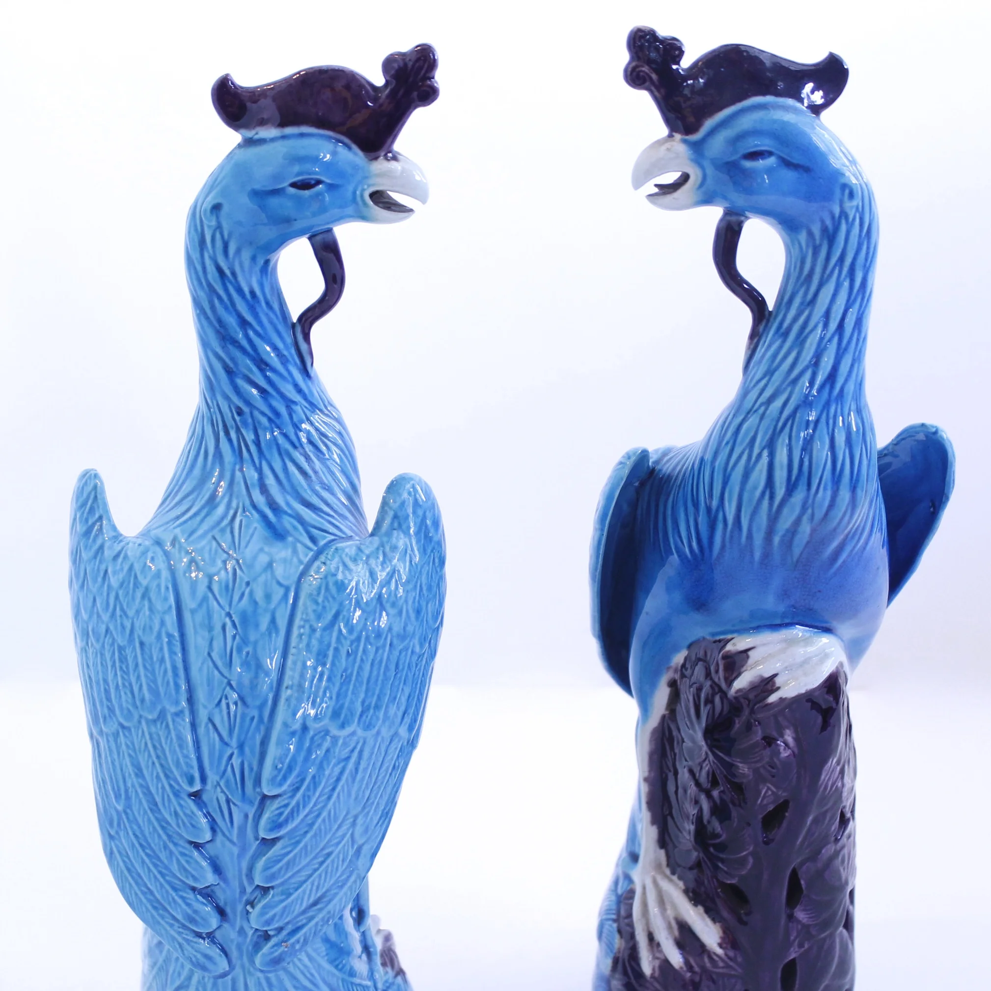 Pair of Turquoise and Manganese Glazed Chinese Porcelain Ho-Ho Birds or Phoenixes