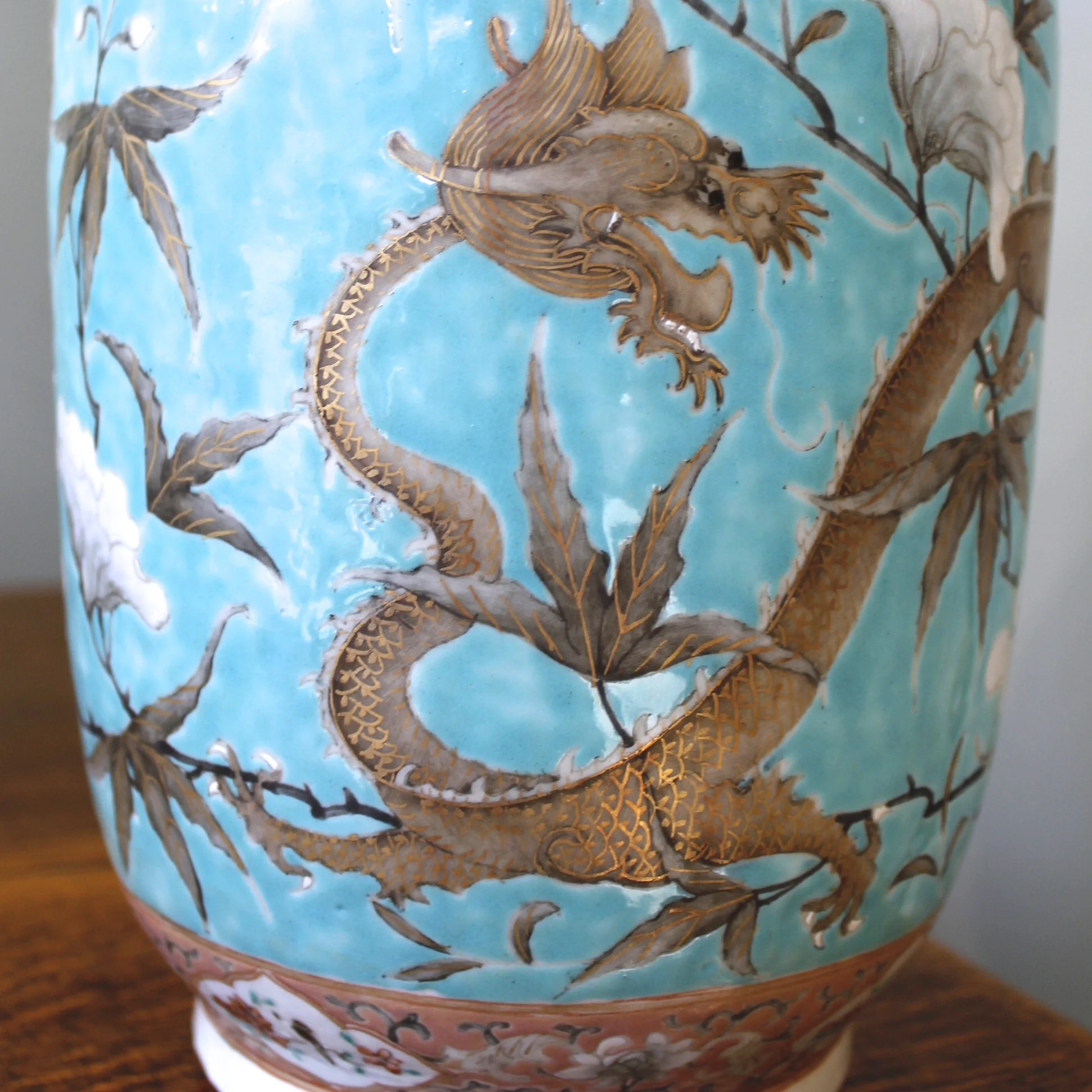 Aqua Glazed and Gilt Chinese Export Porcelain Guangxu Vase With Dragons