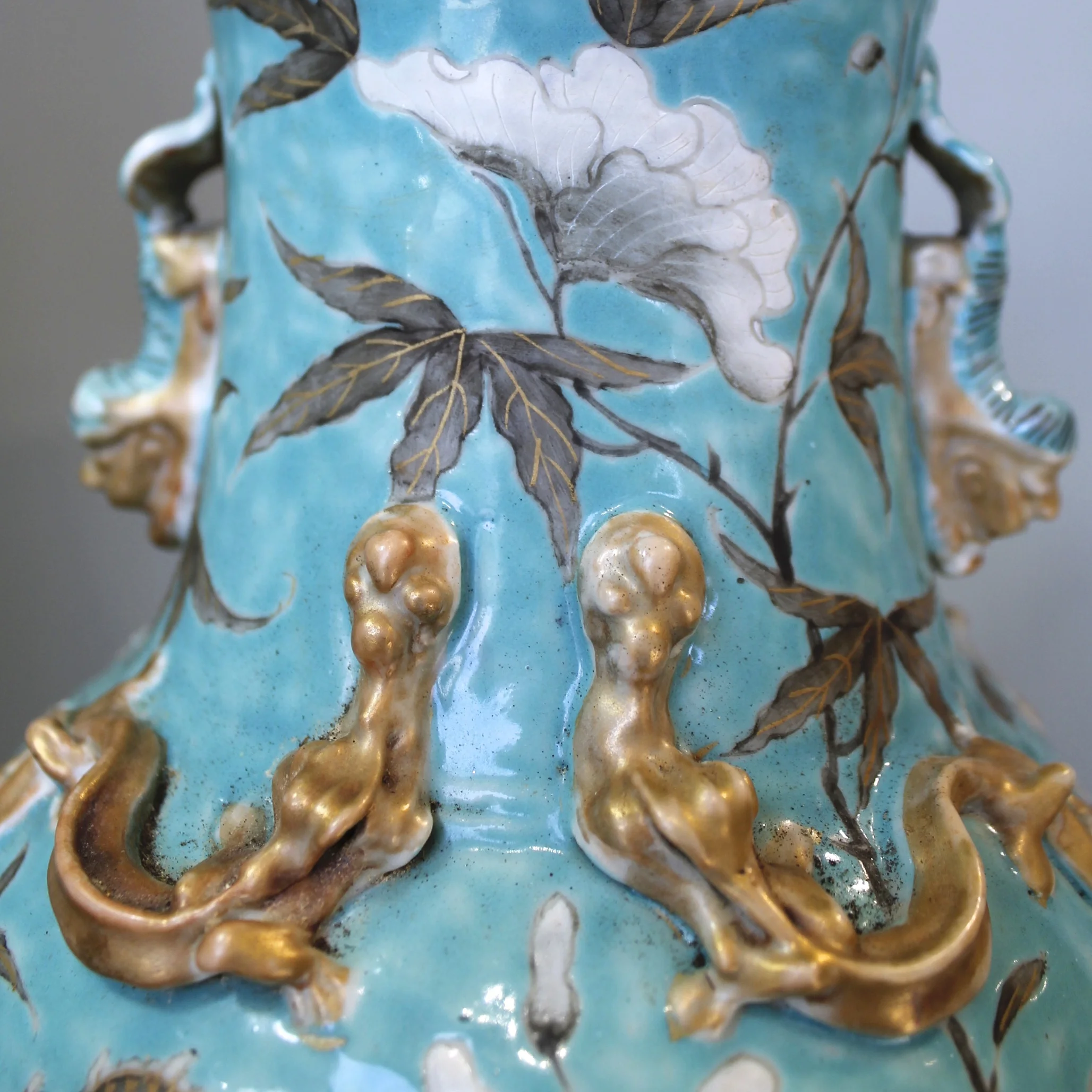 Aqua Glazed and Gilt Chinese Export Porcelain Guangxu Vase With Dragons