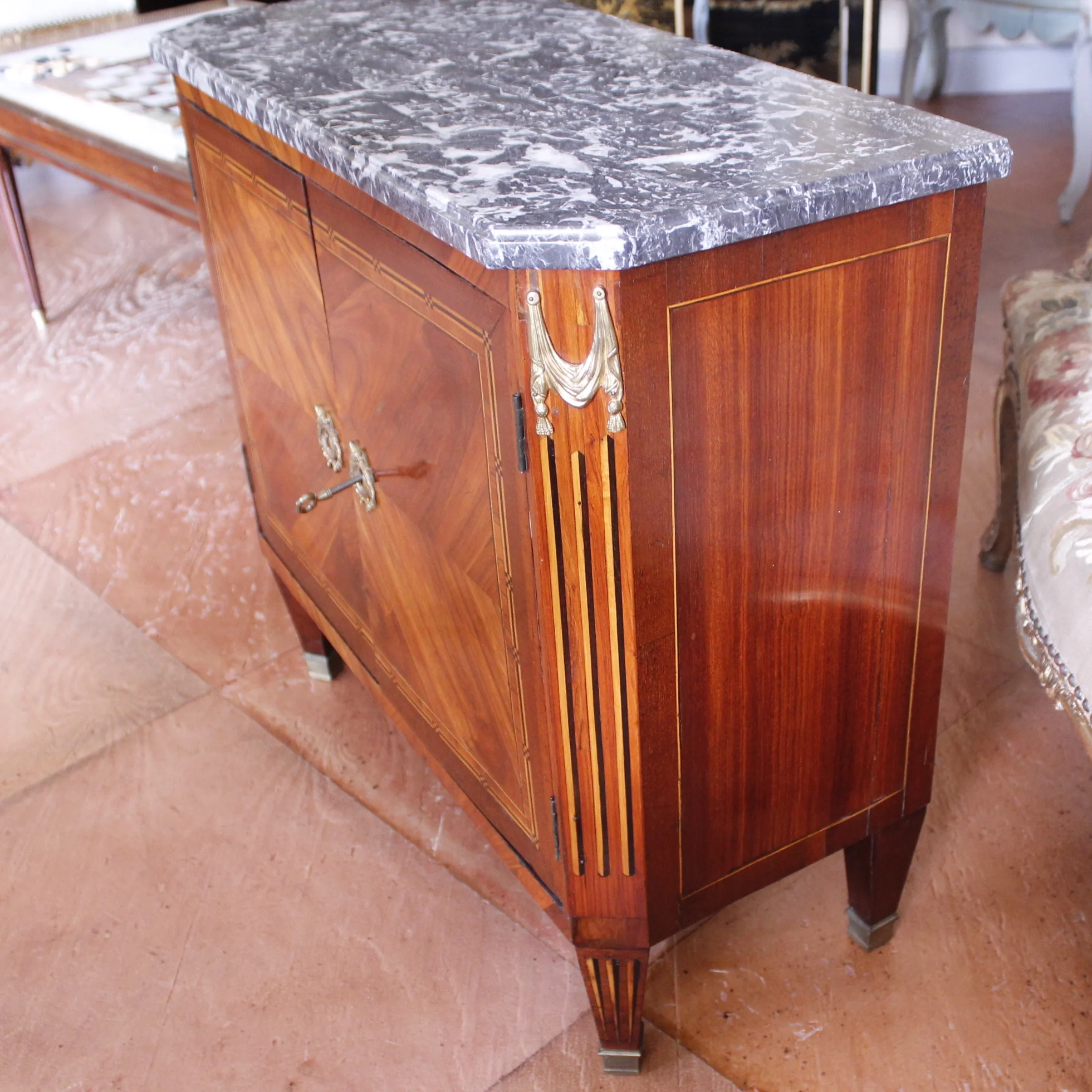 Small French Louis XVI Marquetry Cabinet with Marble Top