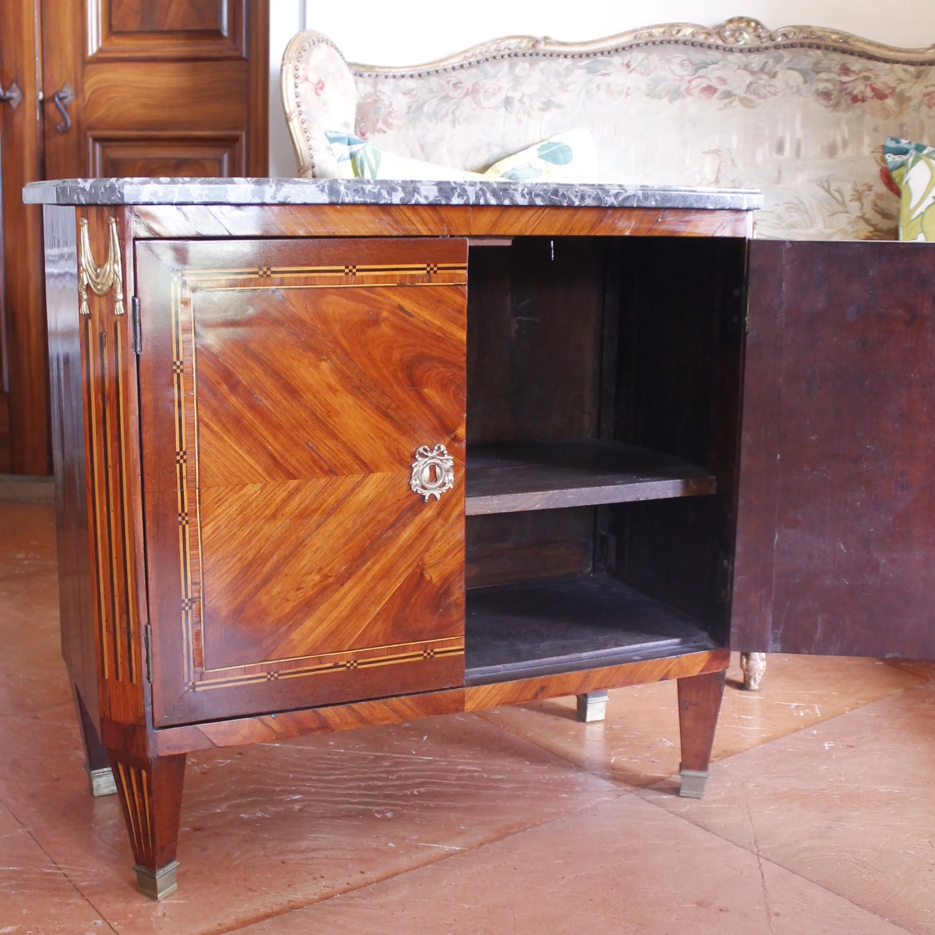Small French Louis XVI Marquetry Cabinet with Marble Top