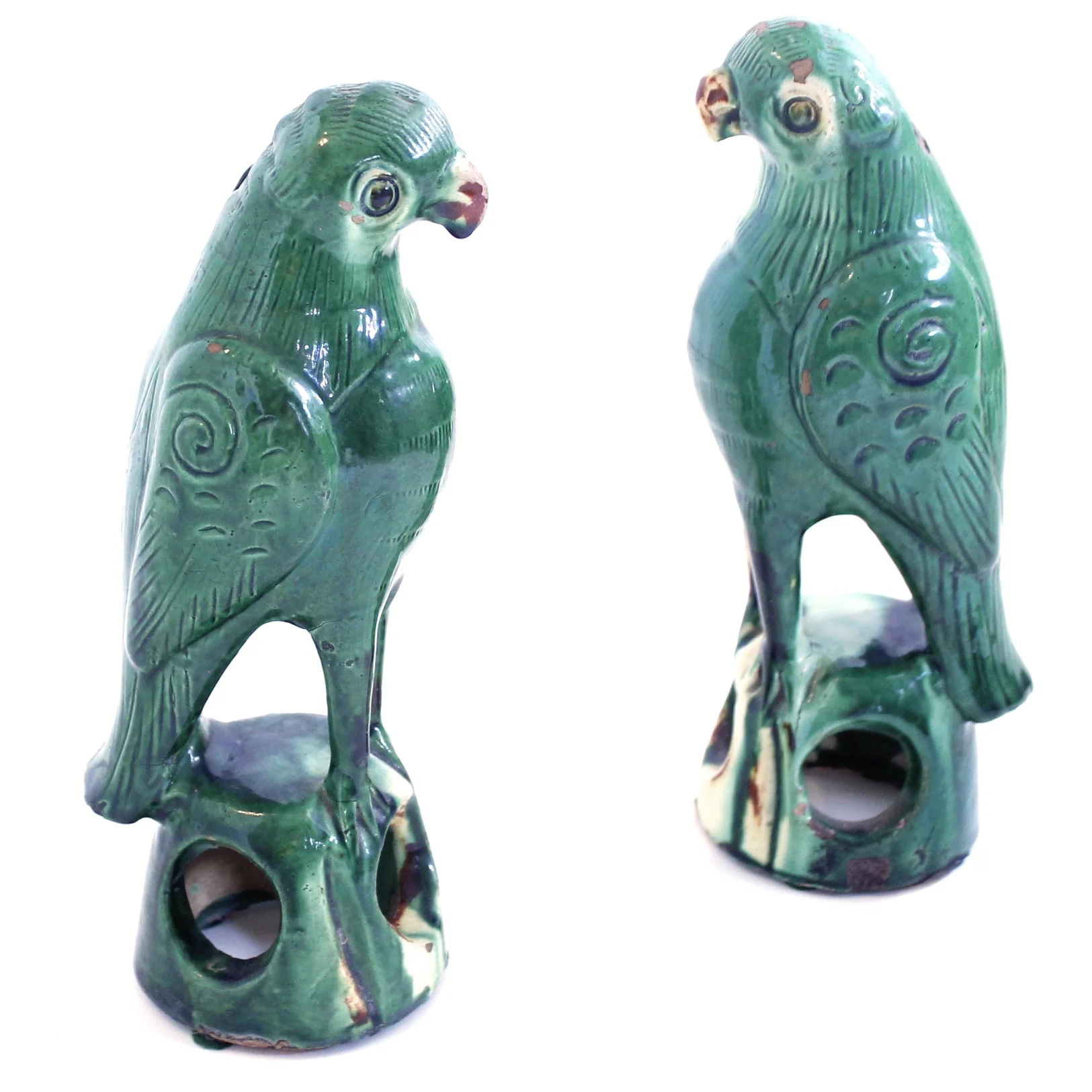Pair of Antique Sancai Glazed Chinese Earthenware Parrots
