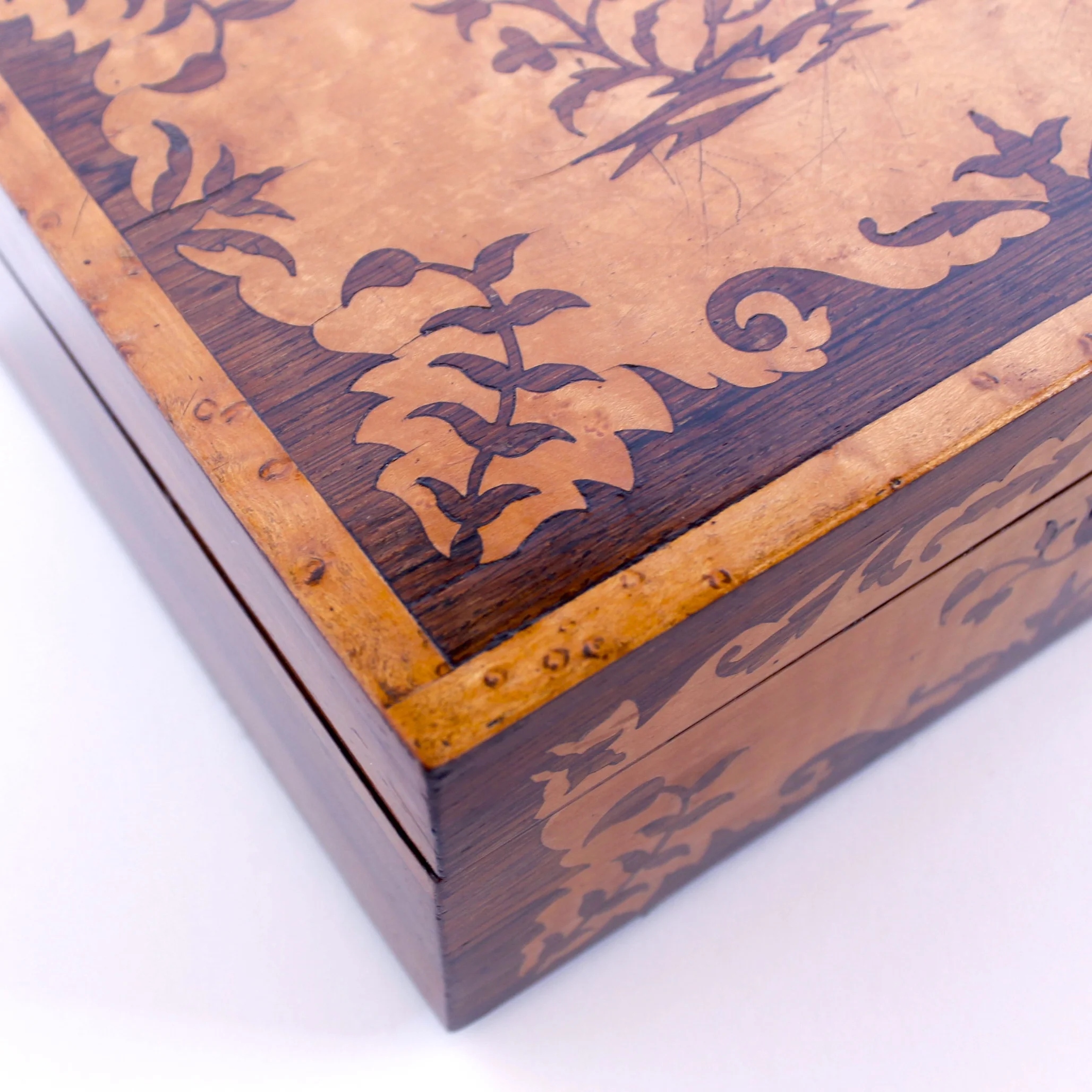 English Marquetry Bird’s Eye and Tiger Maple Inlaid Jewelry Box, 19th Century