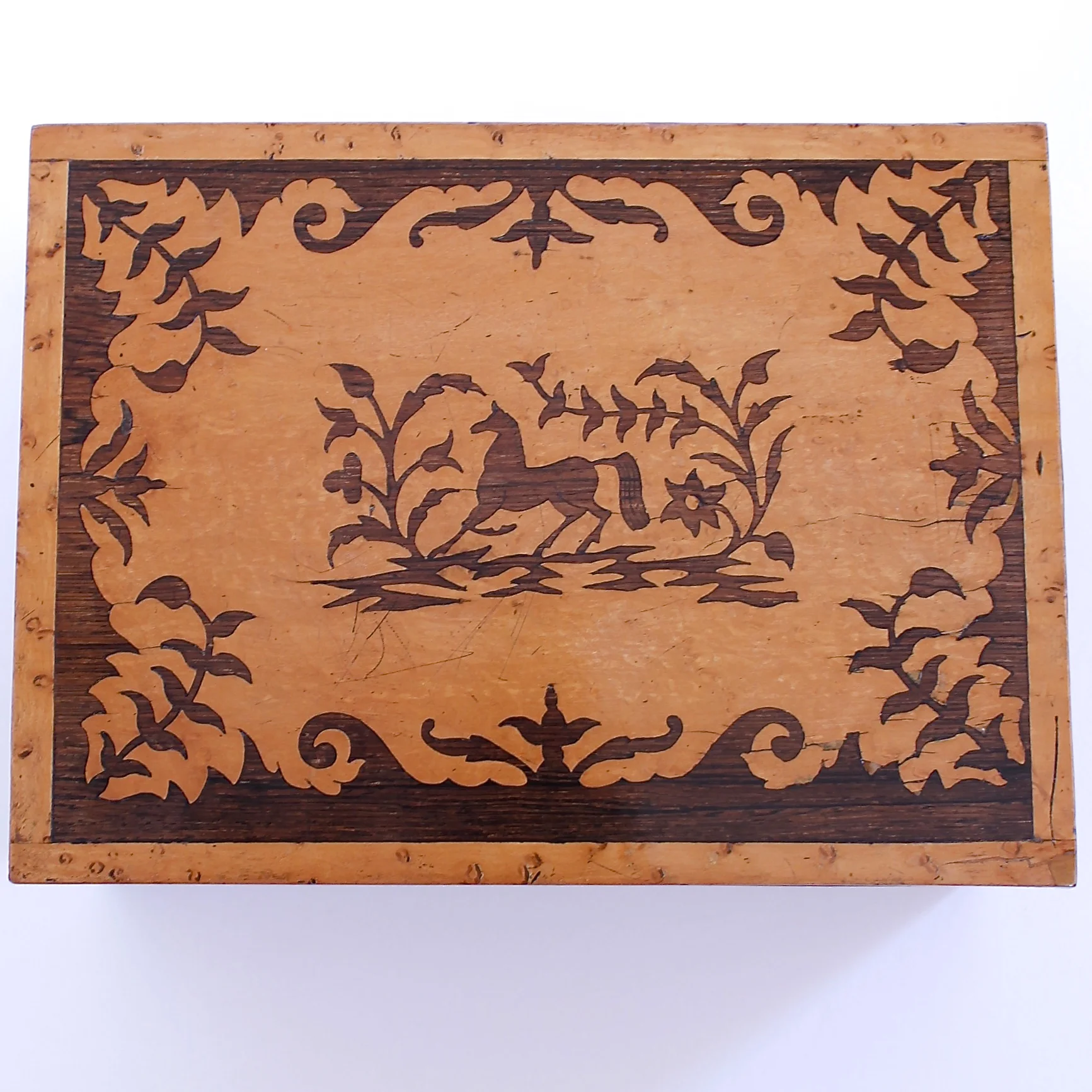 English Marquetry Bird’s Eye and Tiger Maple Inlaid Jewelry Box, 19th Century