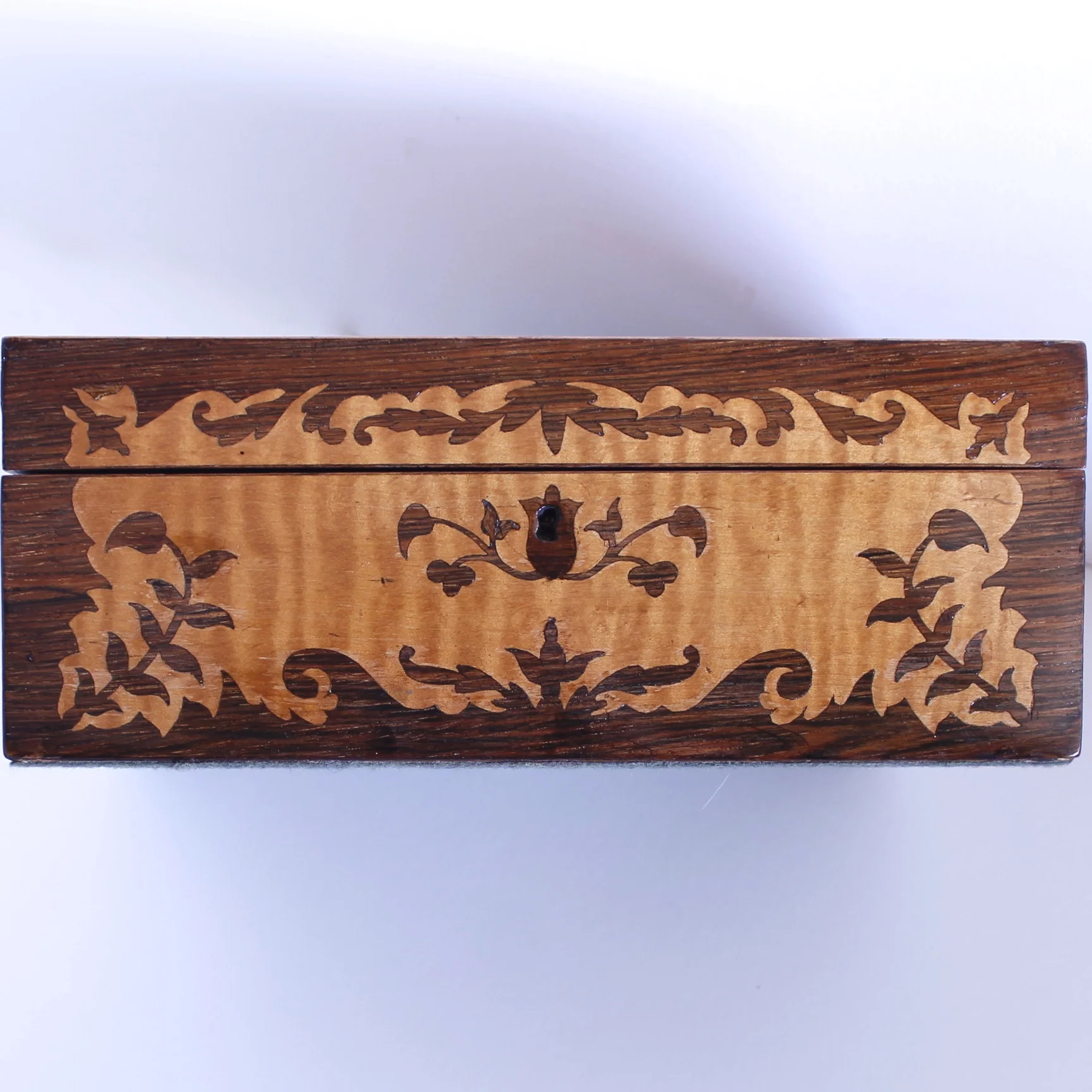 English Marquetry Bird’s Eye and Tiger Maple Inlaid Jewelry Box, 19th Century