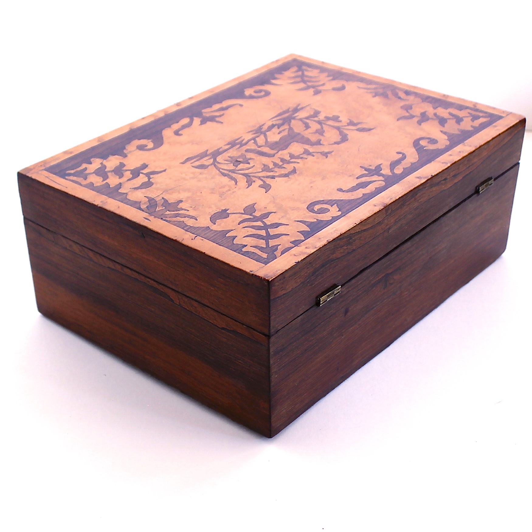 English Marquetry Bird’s Eye and Tiger Maple Inlaid Jewelry Box, 19th Century