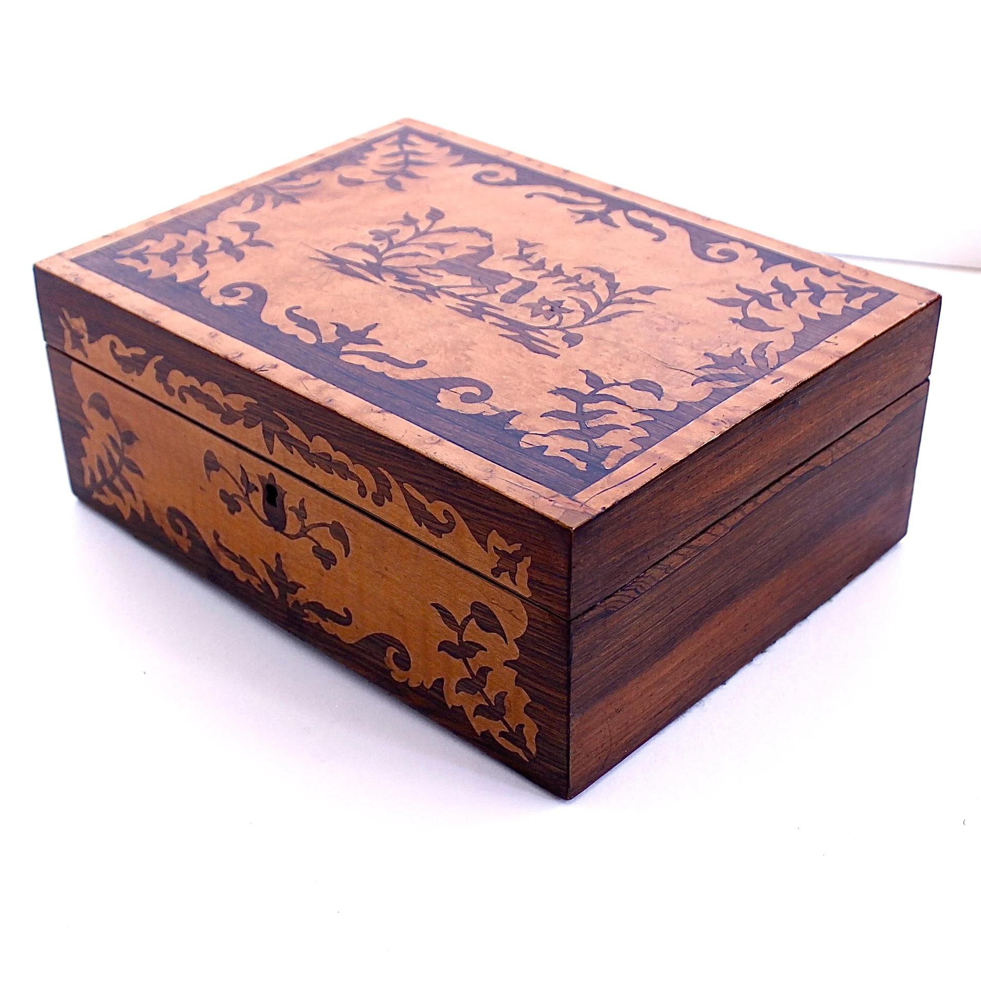 English Marquetry Bird’s Eye and Tiger Maple Inlaid Jewelry Box, 19th Century