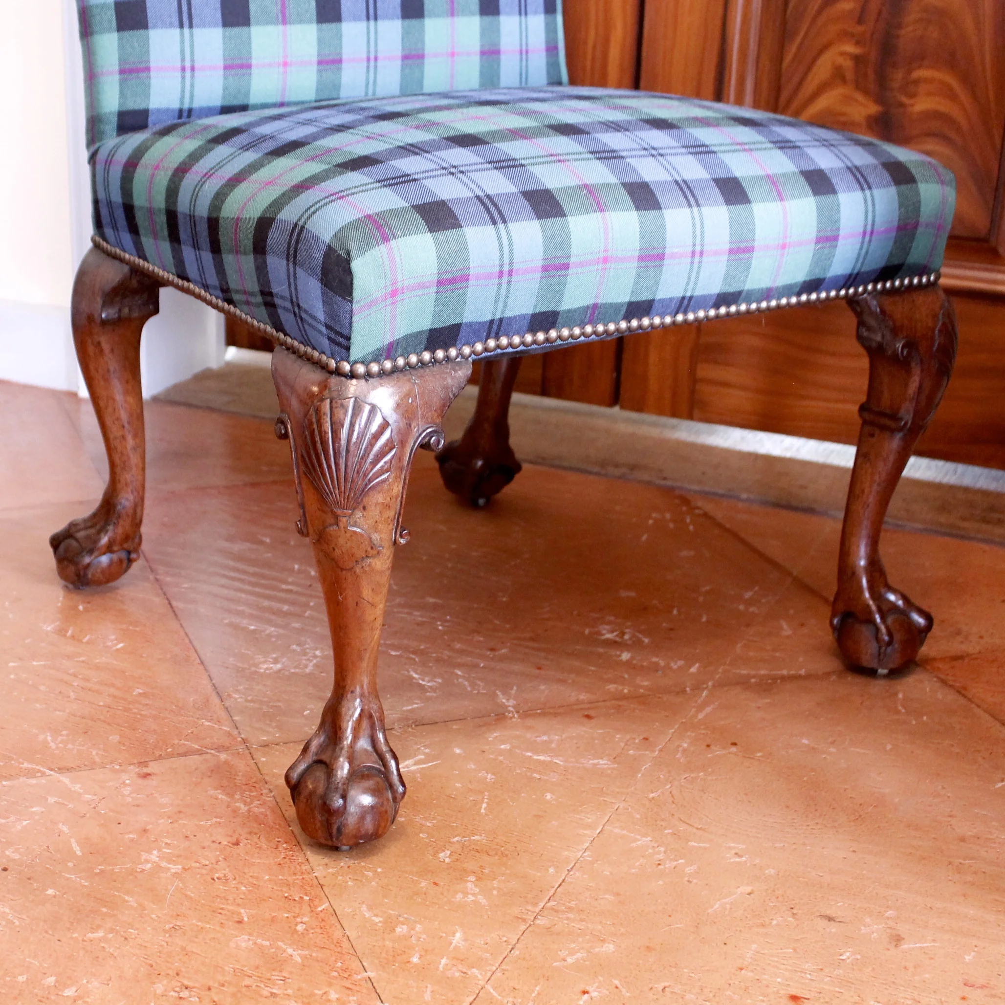 George II Mahogany Chair with Raked Back Legs and Ball and Claw Feet
