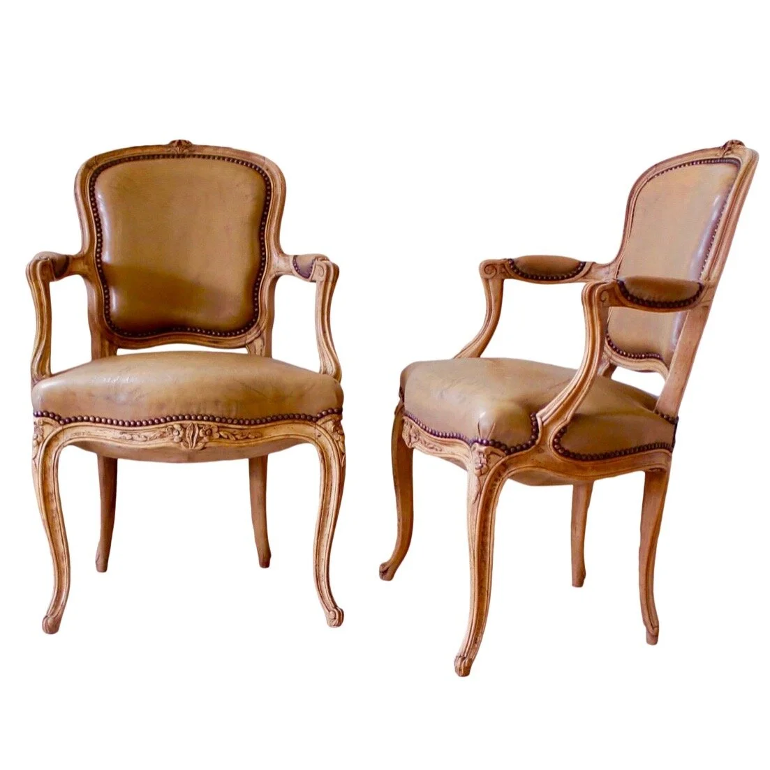 Pair of French Louis XV Style Carved Beechwood Armchairs (Fauteuils) Upholstered in Leather