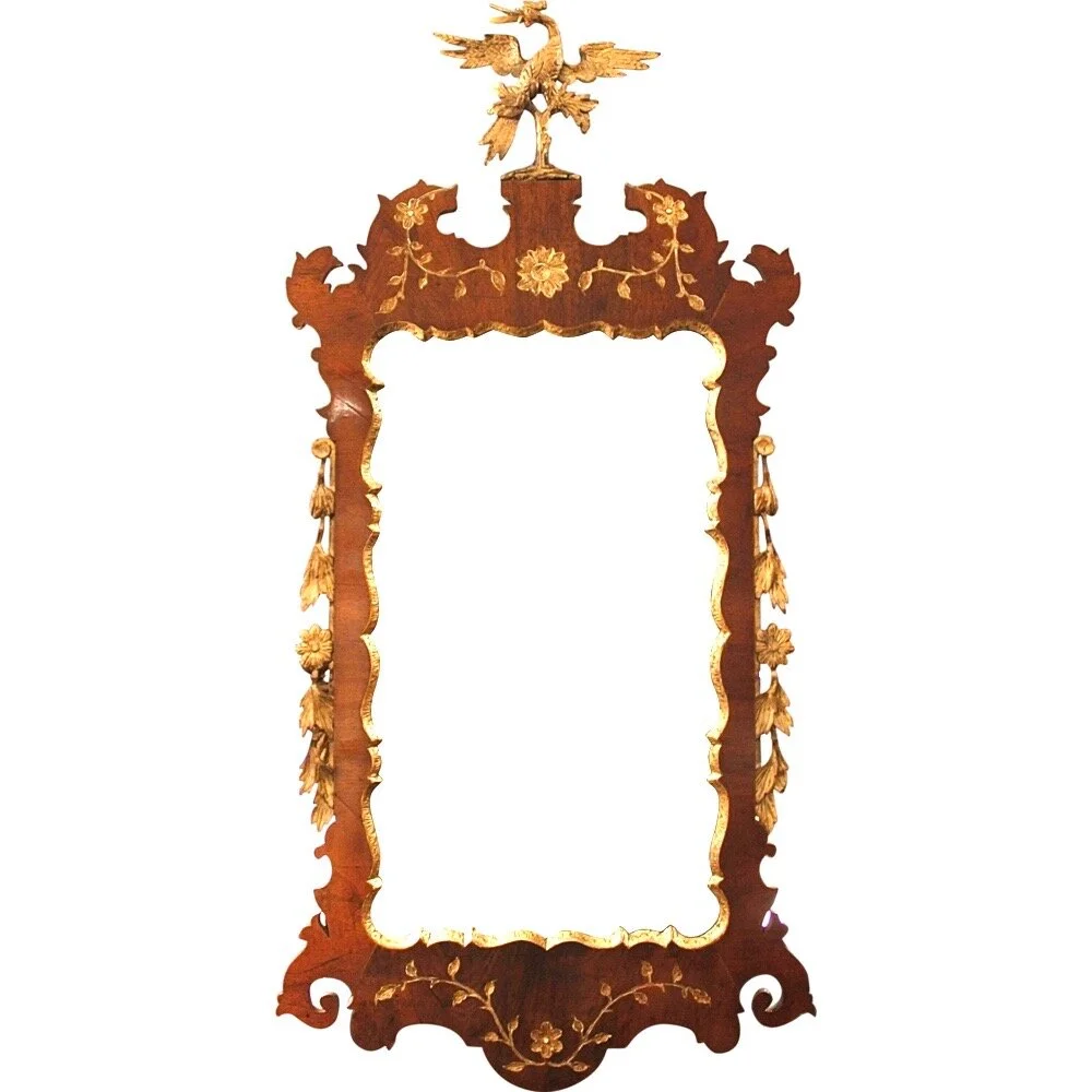 George II Style Walnut and Parcel Gilt Mirror with HoHo Bird Crest