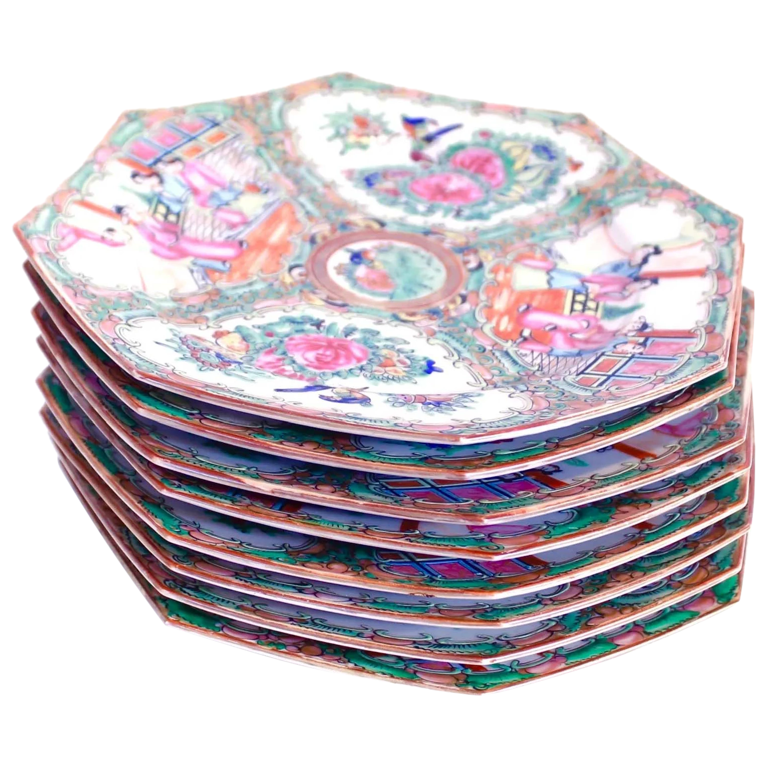 Set of Eight Rose Medallion Octagonal Porcelain Dessert Plates