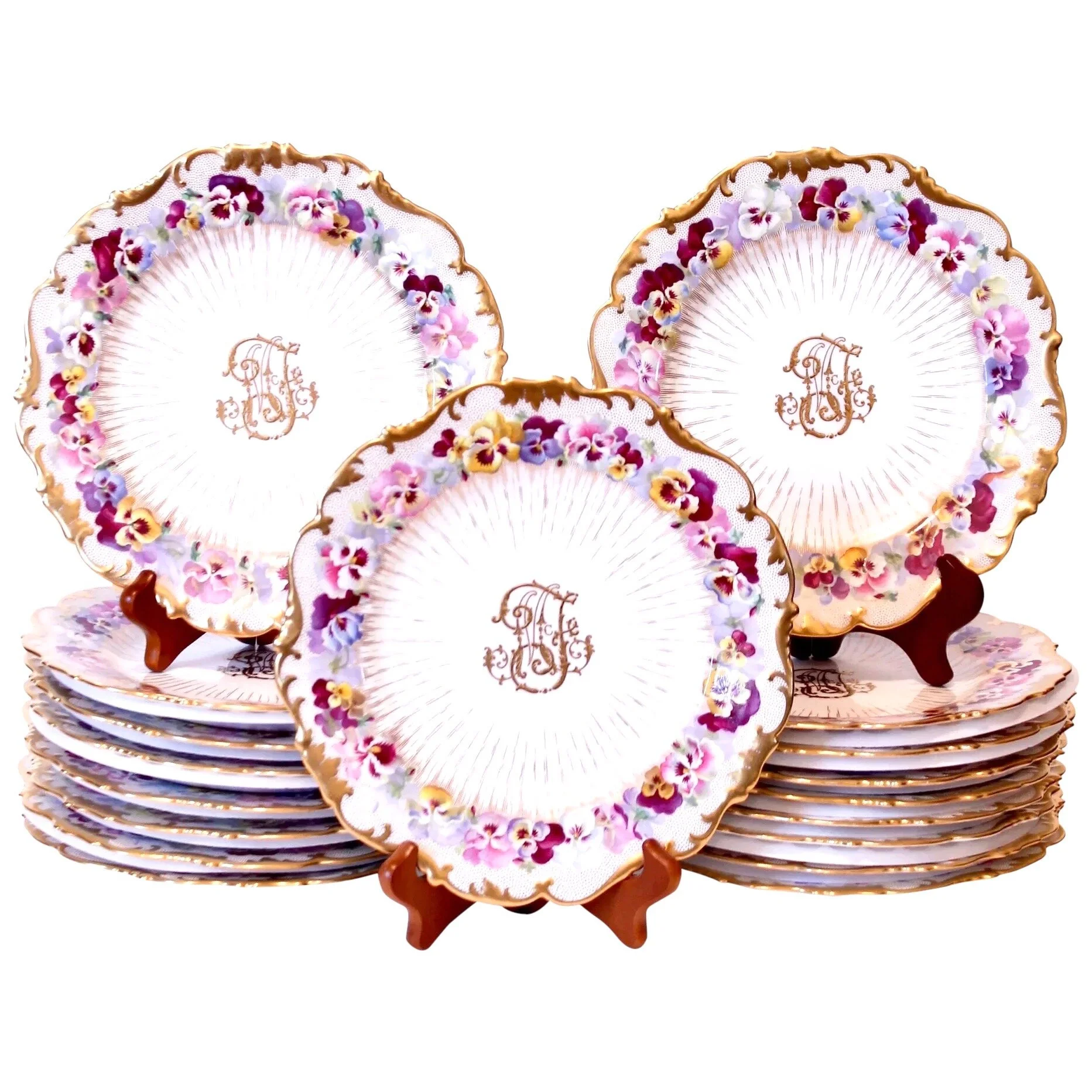 Set of 18 Cauldon Gilt Decorated Porcelain Dessert Plates with Pansies