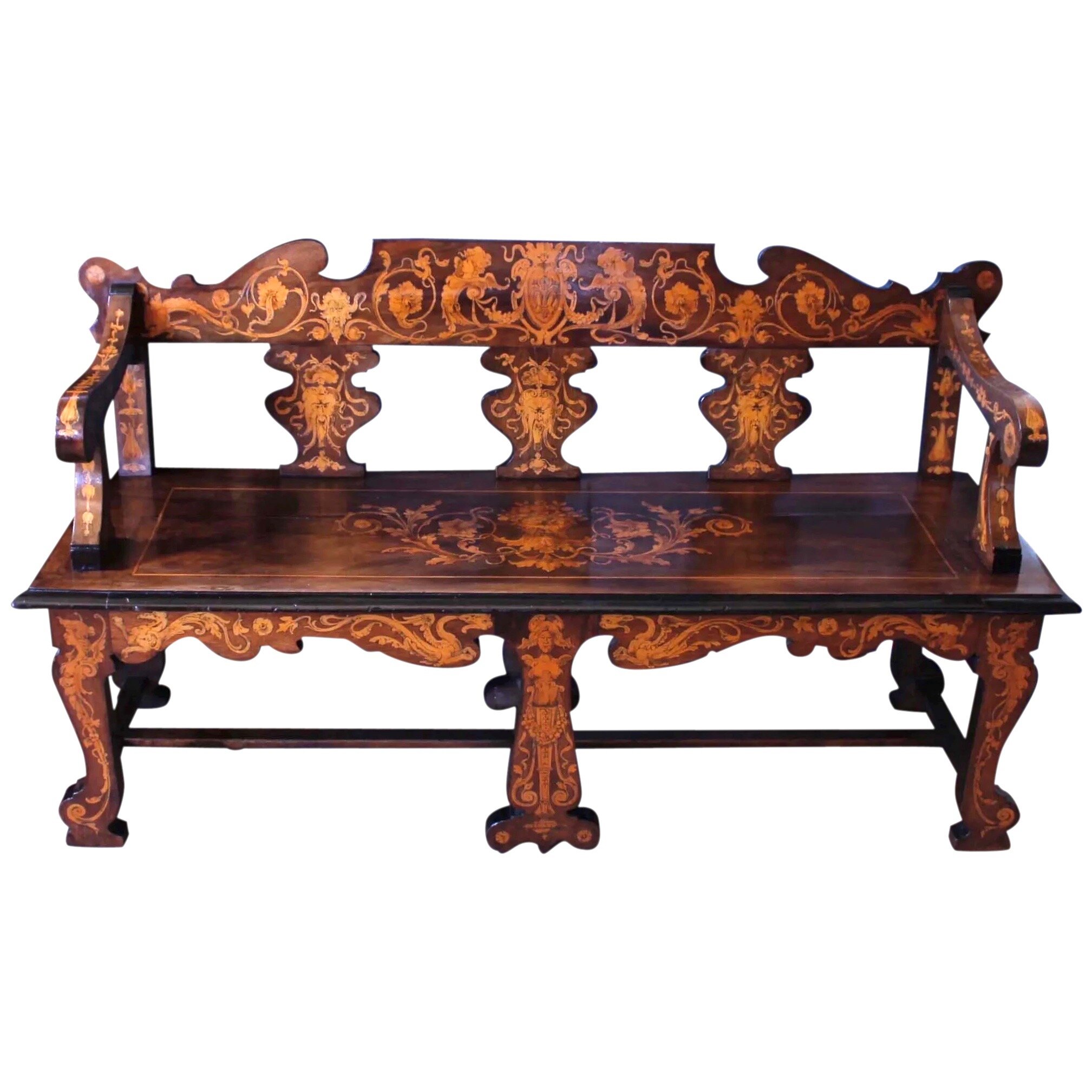 Italian Baroque Style Marquetry and Penwork Bench