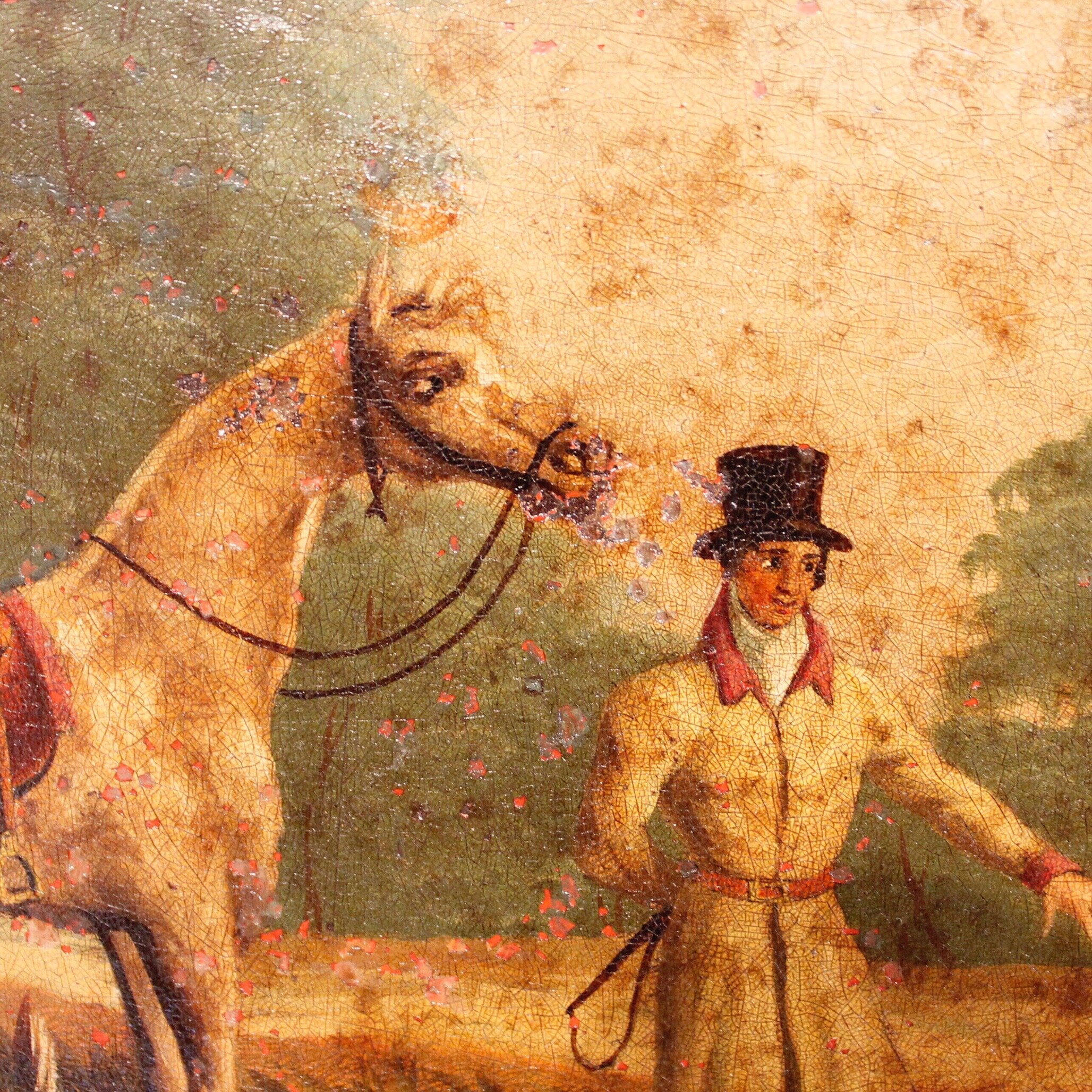 French or English Tôle Painted Oval Tray with Horsemen