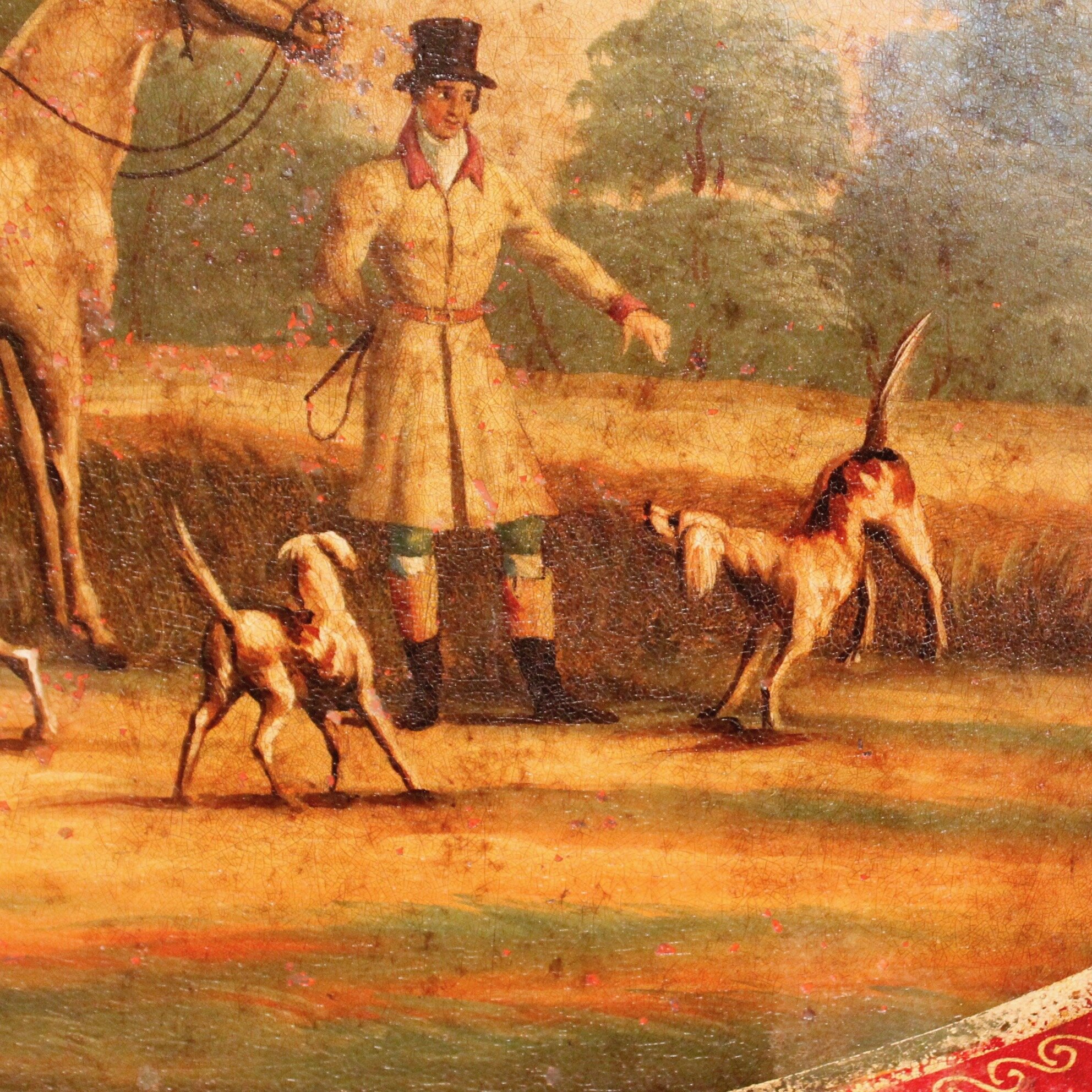 French or English Tôle Painted Oval Tray with Horsemen