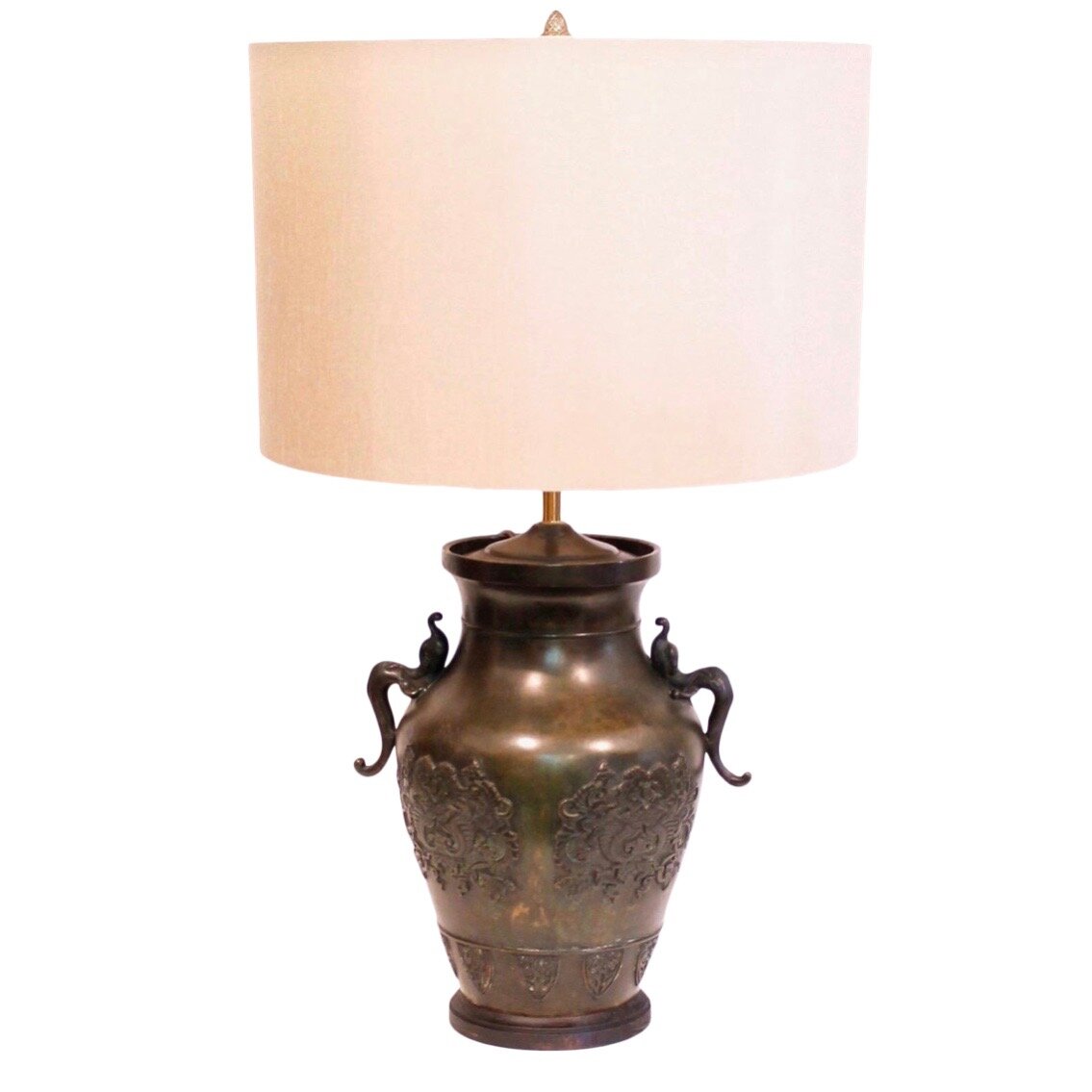 Chinese Bronze Vase Lamp with Salamander Handles